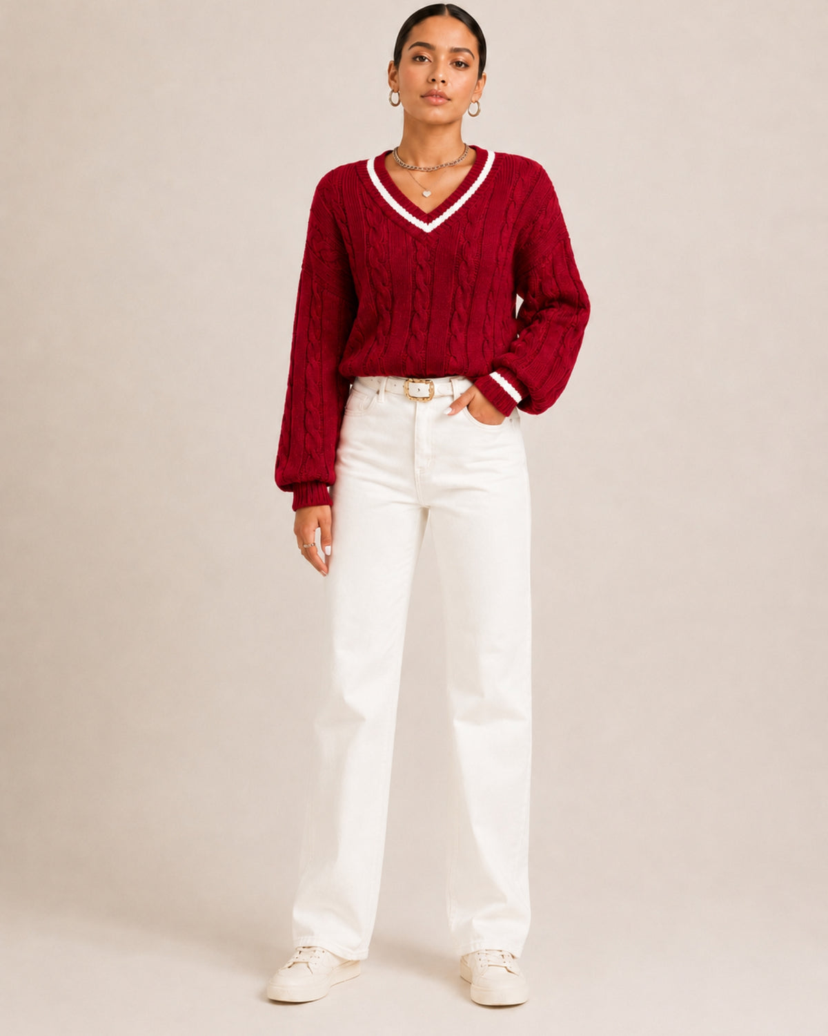 Women's V Neck Cable Knit Jumper with Contrast Trim