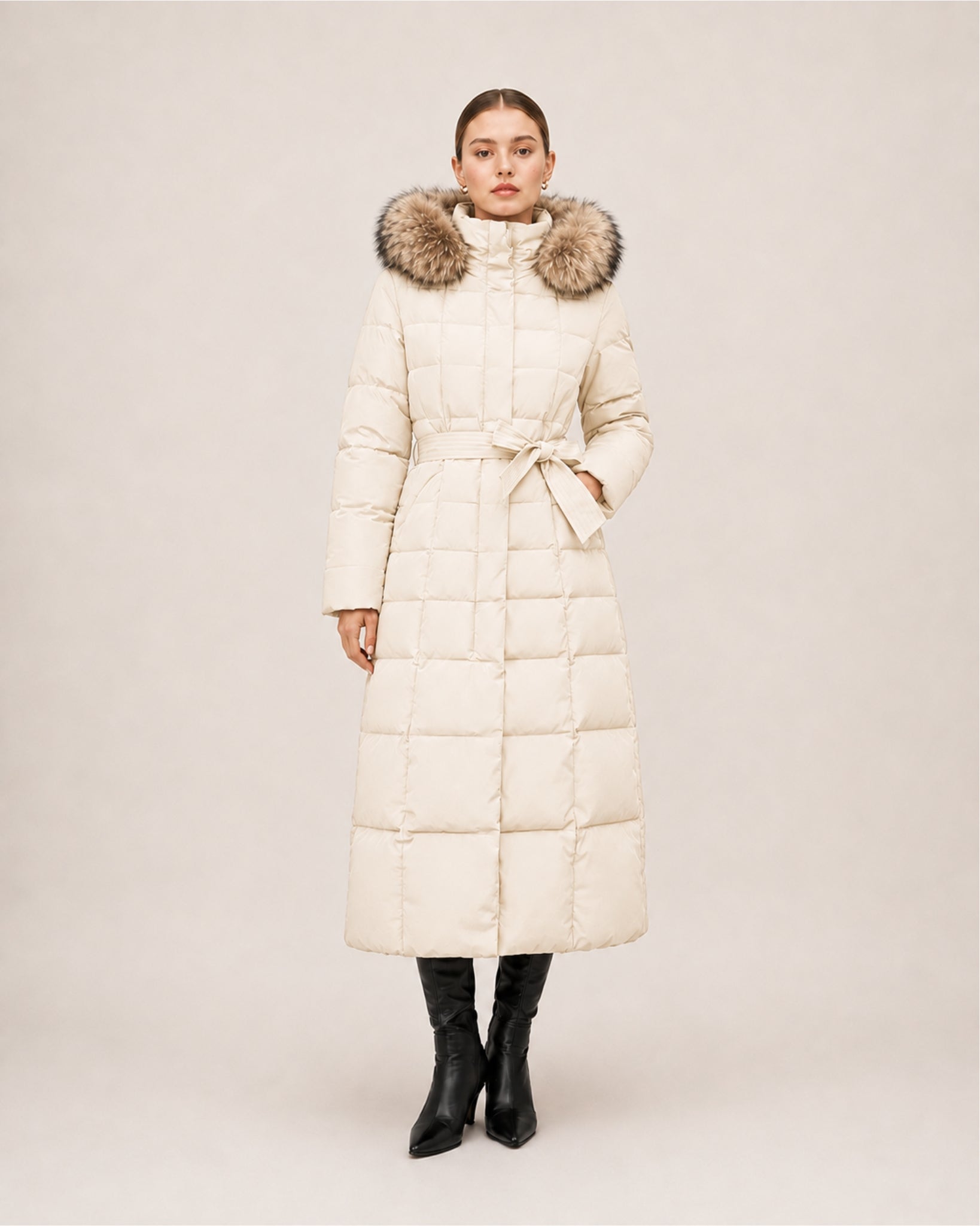 Women's Long Puffer Coat with Faux Fur Hood & Belt