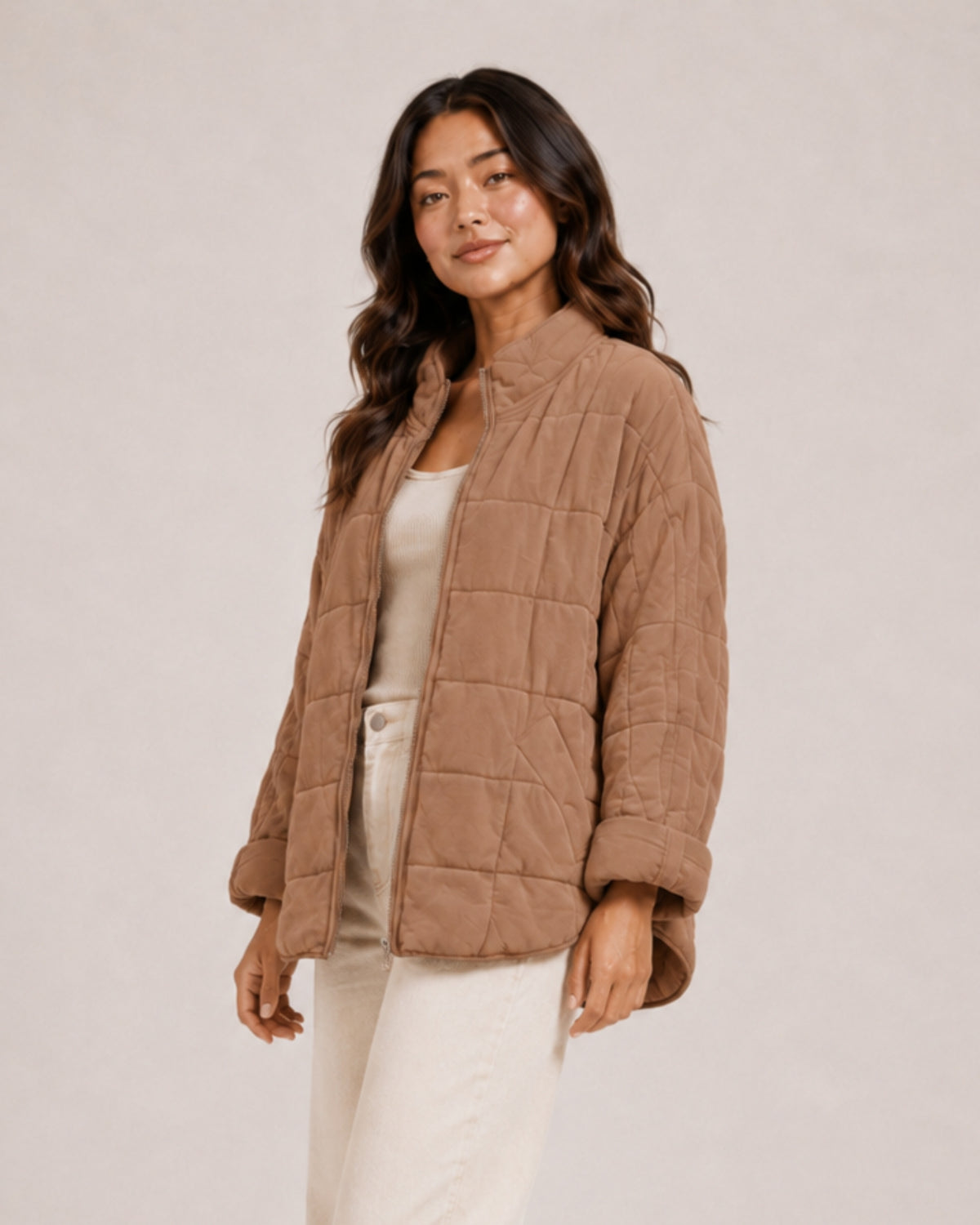 Women's Green Quilted Jacket – Relaxed Zip-Up Style
