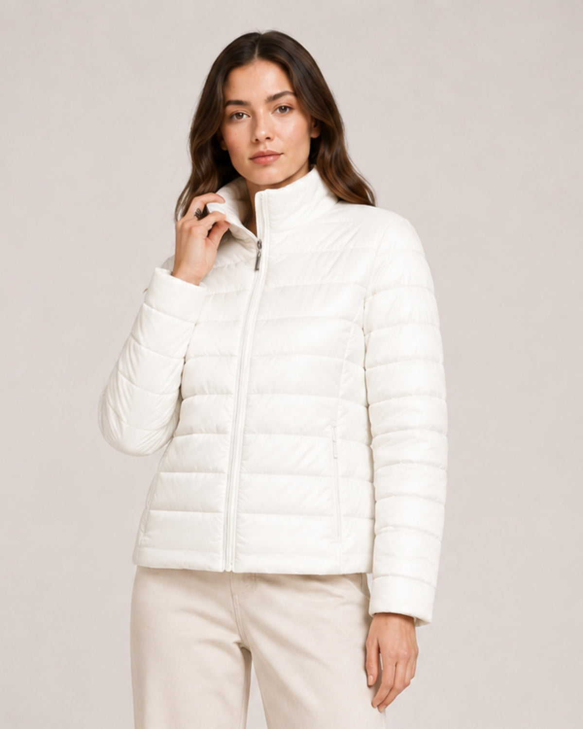 Women's Quilted Puffer Jacket with Stand Collar and Fitted Shape