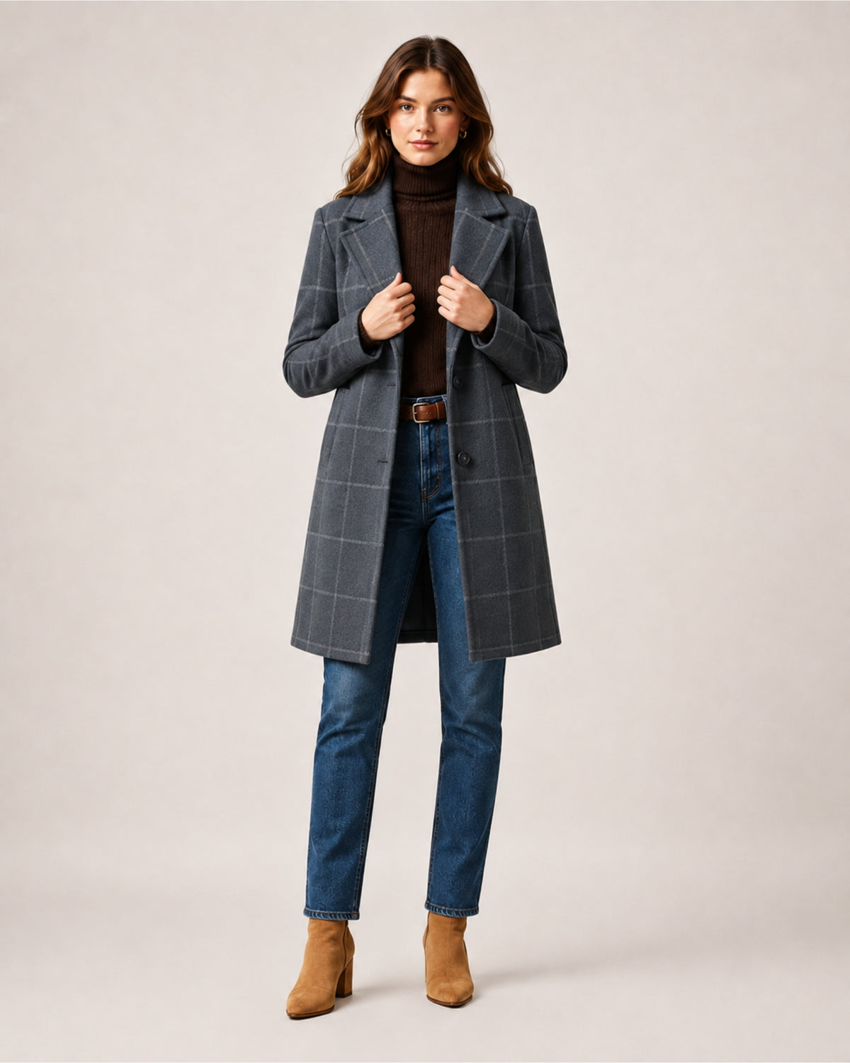 Women's Checked Coat Long Tailored Button Front Style