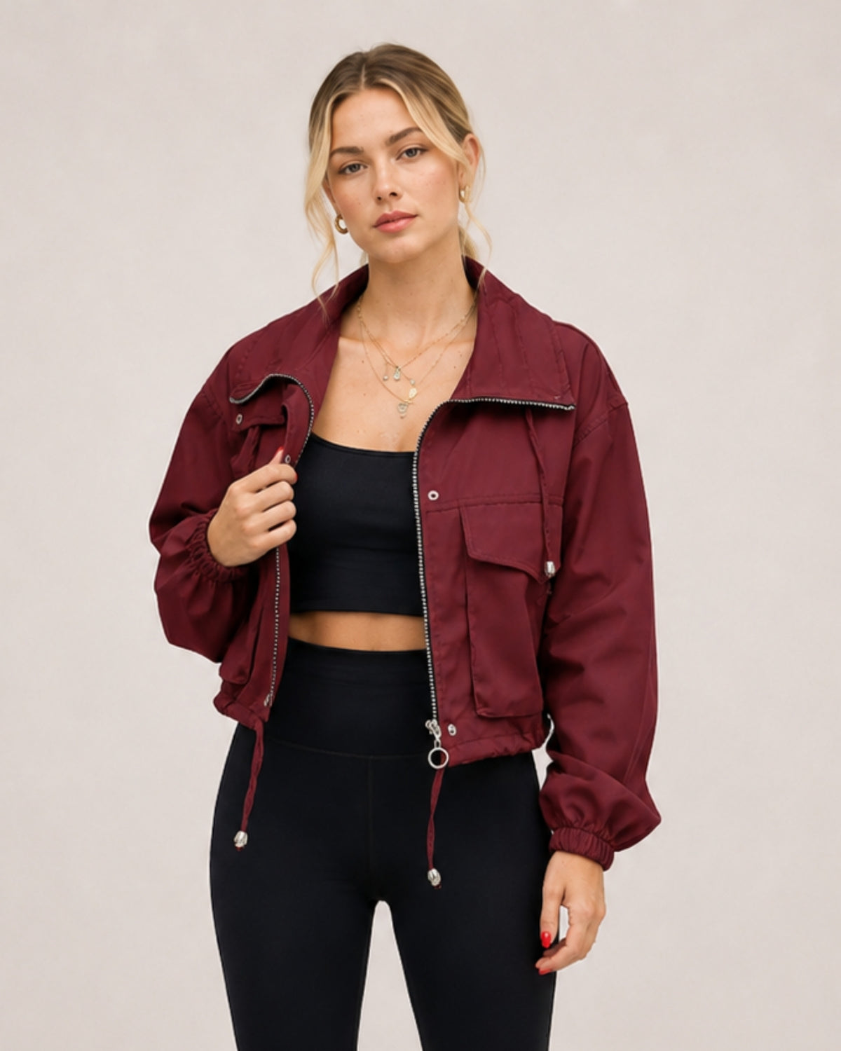 Women's Cropped Utility Jacket with Stand Collar and Chest Pockets