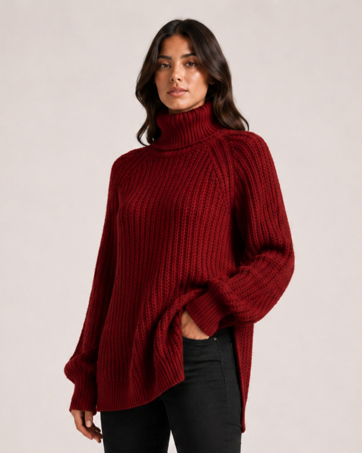 Women's Chunky Knit Roll Neck Jumper with Side Splits