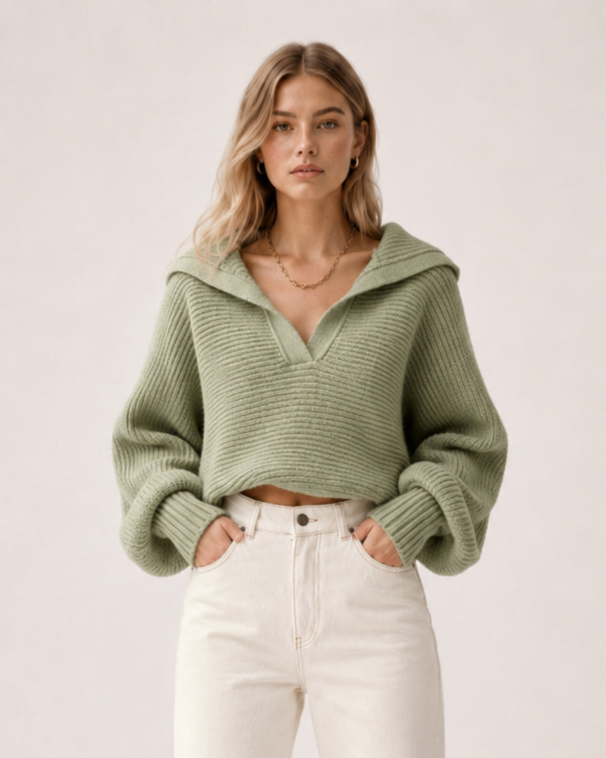 Women's Cropped Jumper Half Zip Chunky Knit Style