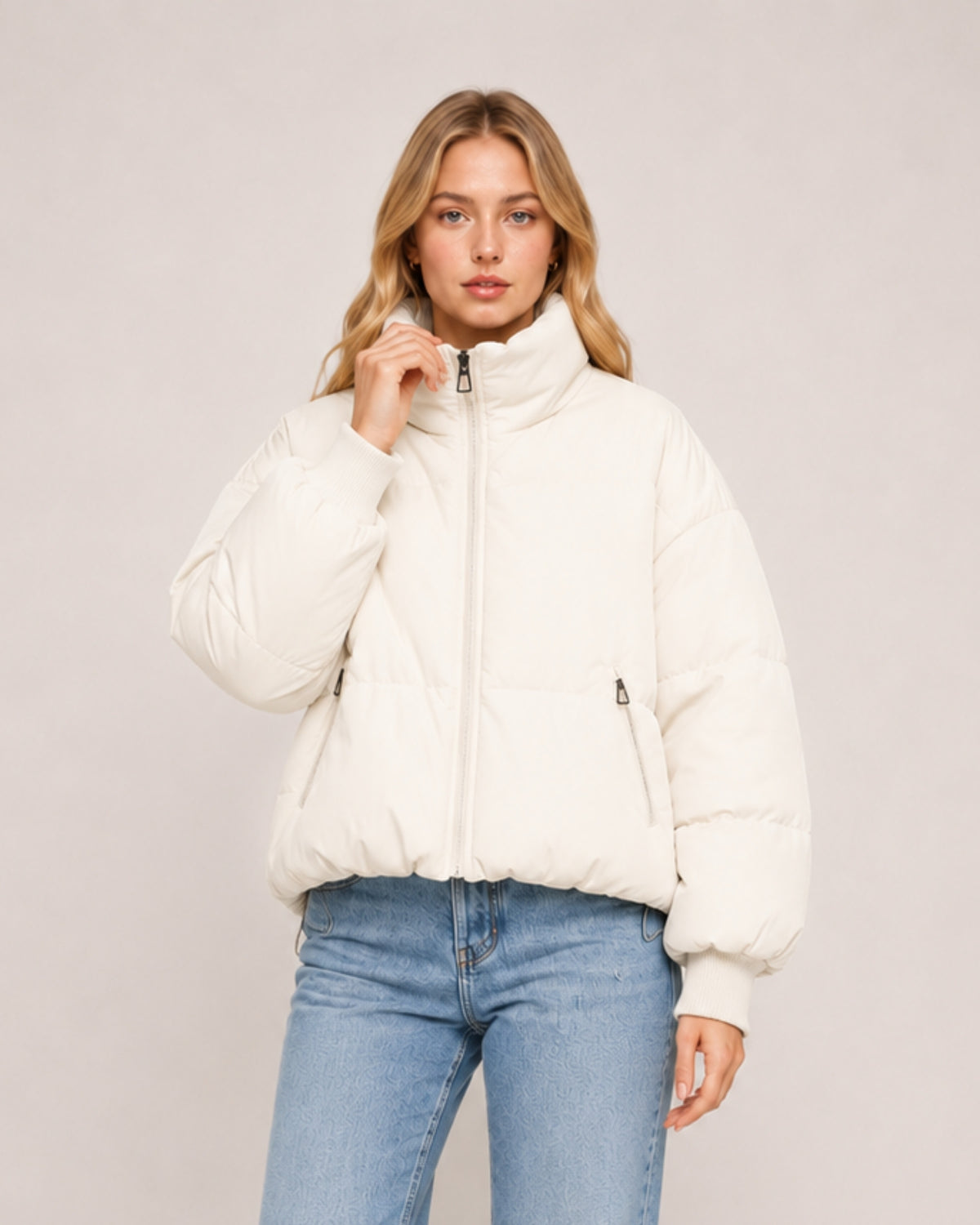 Women's Cropped Puffer Jacket with High Neck and Ribbed Cuffs