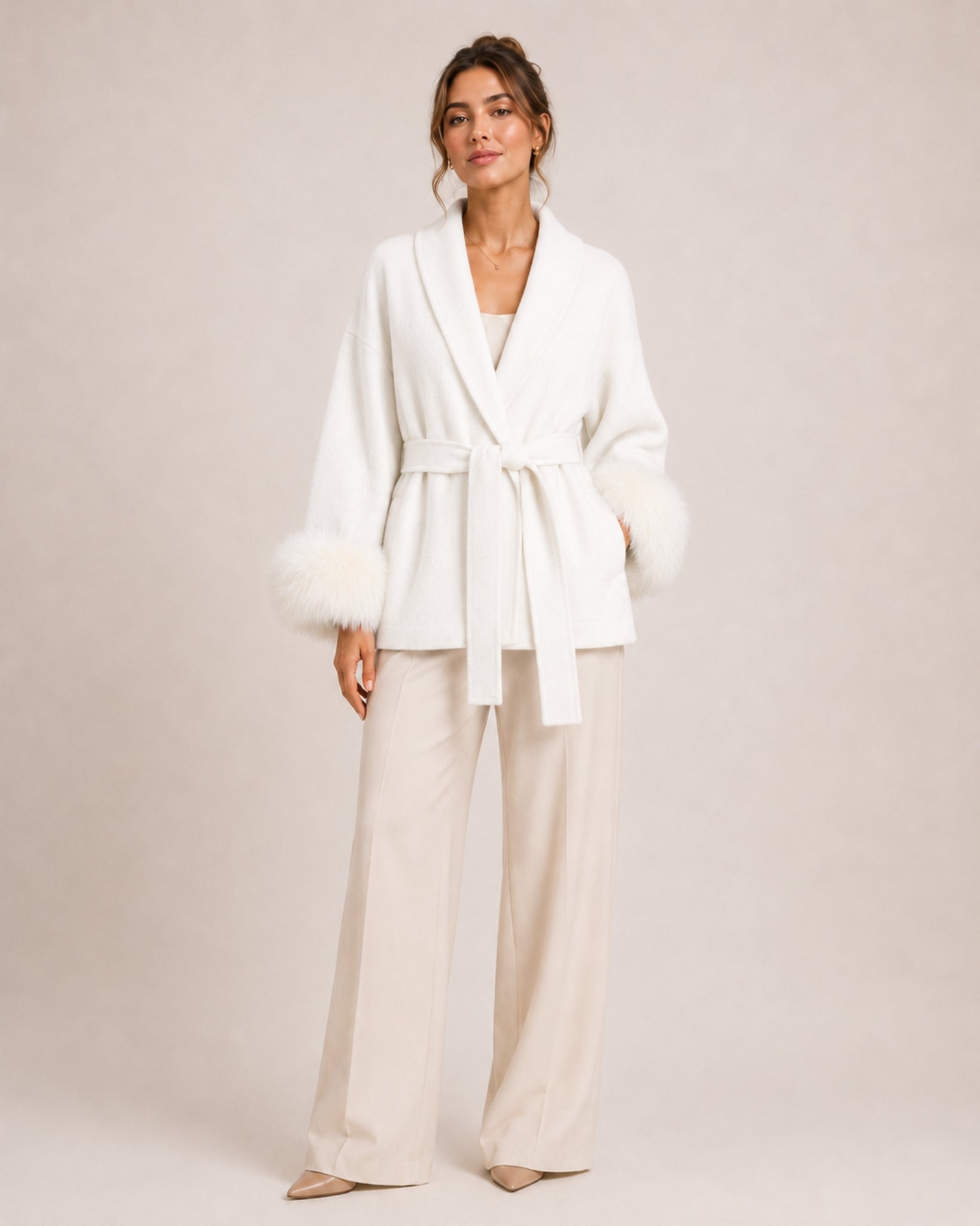 Women's Short Belted Coat with Faux Fur Cuffs