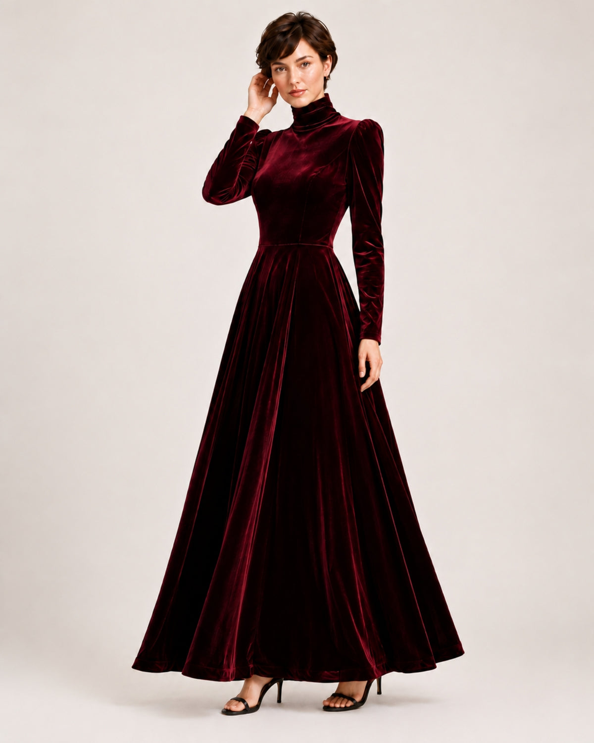 Women's Velvet Dress High Neck Long Sleeve A Line Style