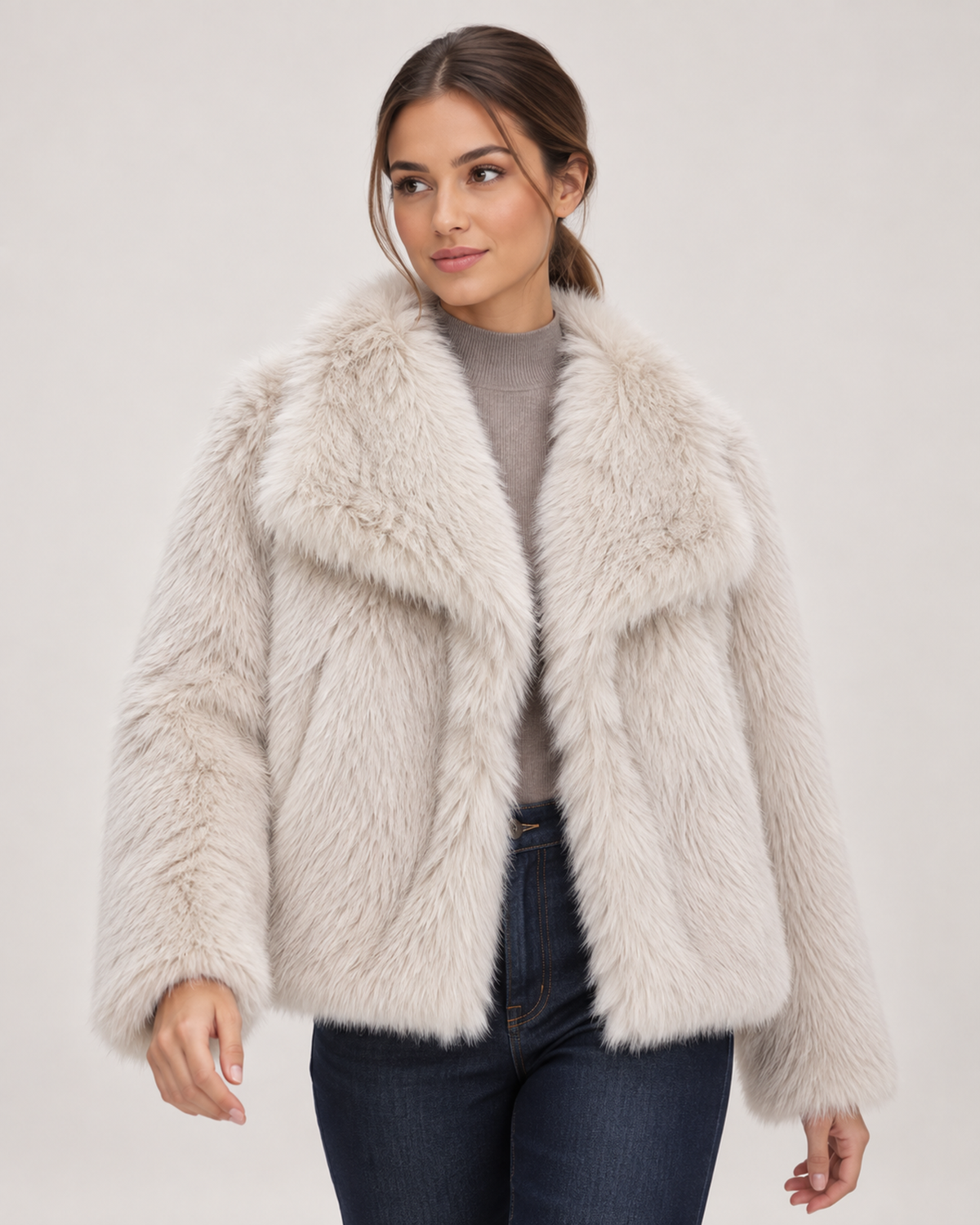 Women’s beige faux fur jacket front product view