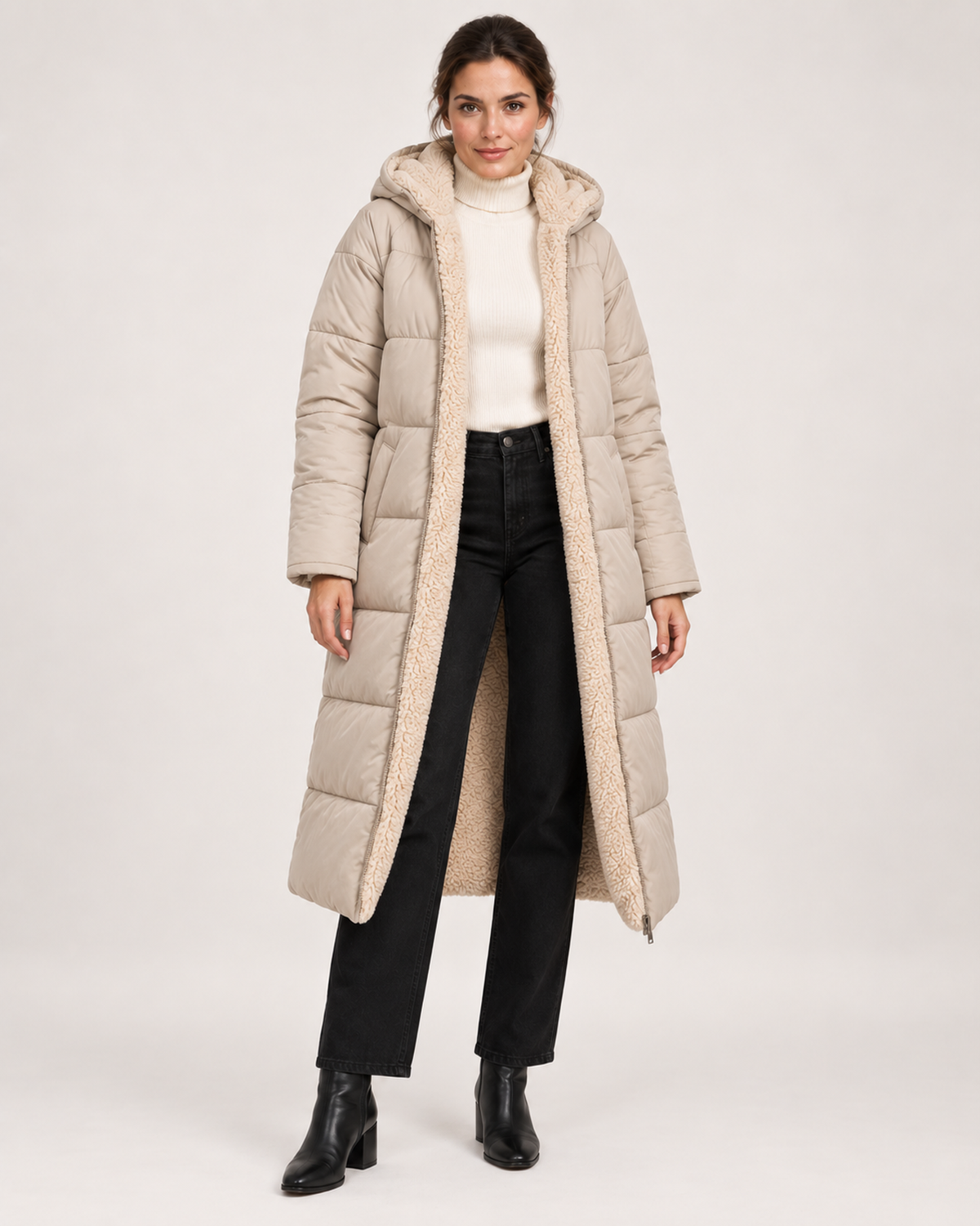 Women’s beige long puffer coat open front product view