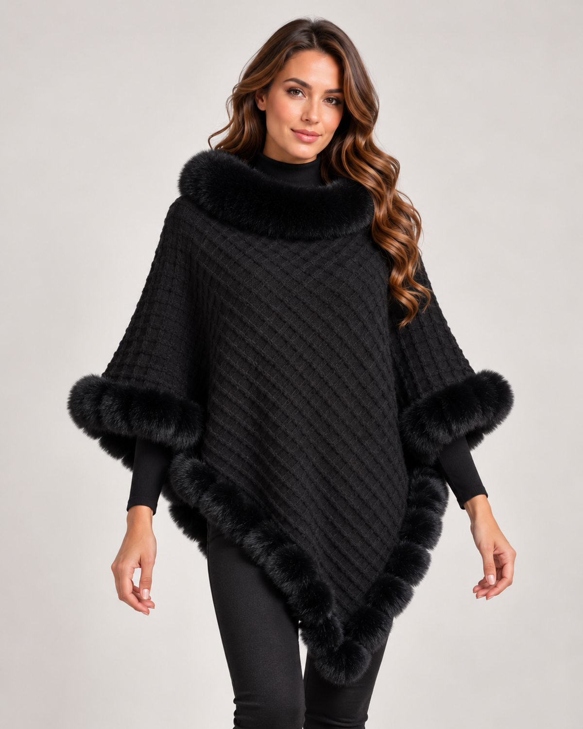 Women’s Cape Coat with Faux Fur Trim in Black, short outerwear product focus view
