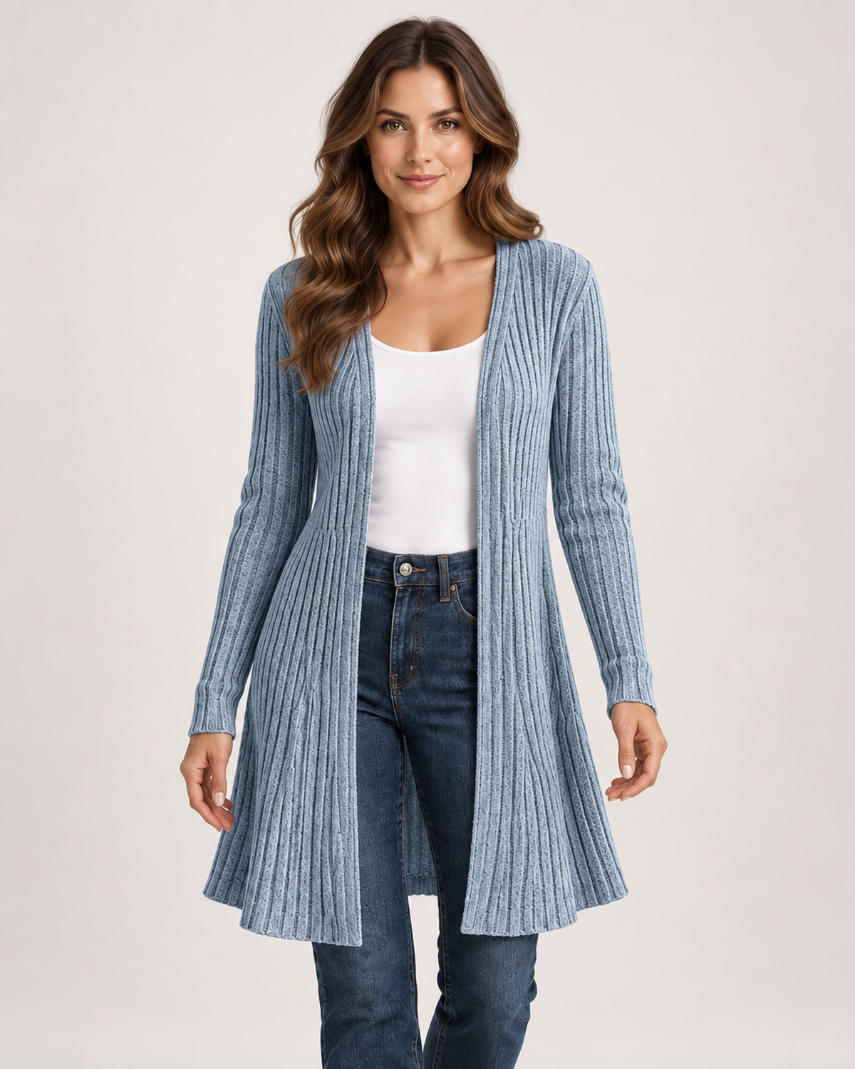 Women’s Longline Cardigan with Open Front in Blue, upper body product focus view