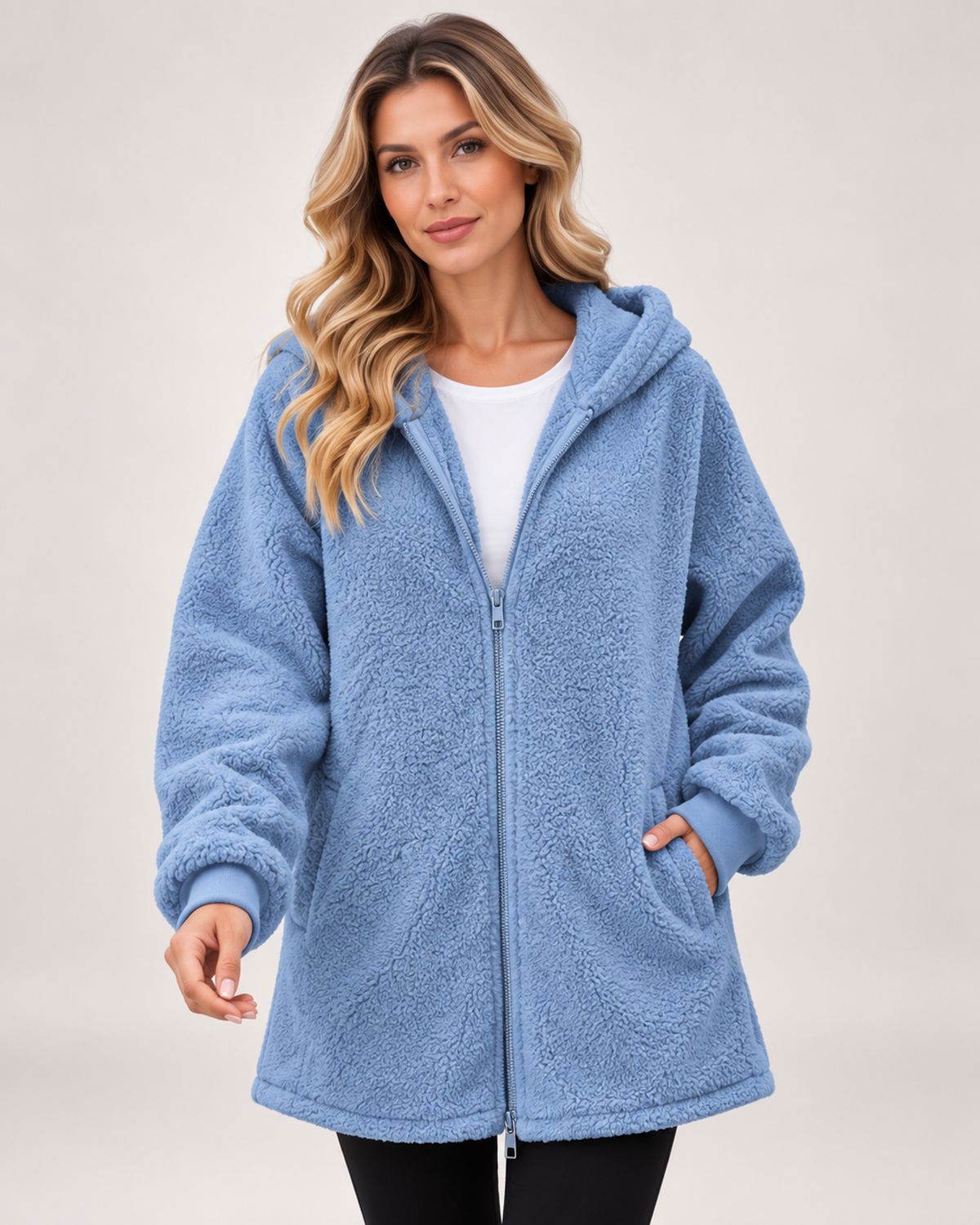 Women’s Fleece Jacket with Hood and Zip Front in Blue, short outerwear product focus view