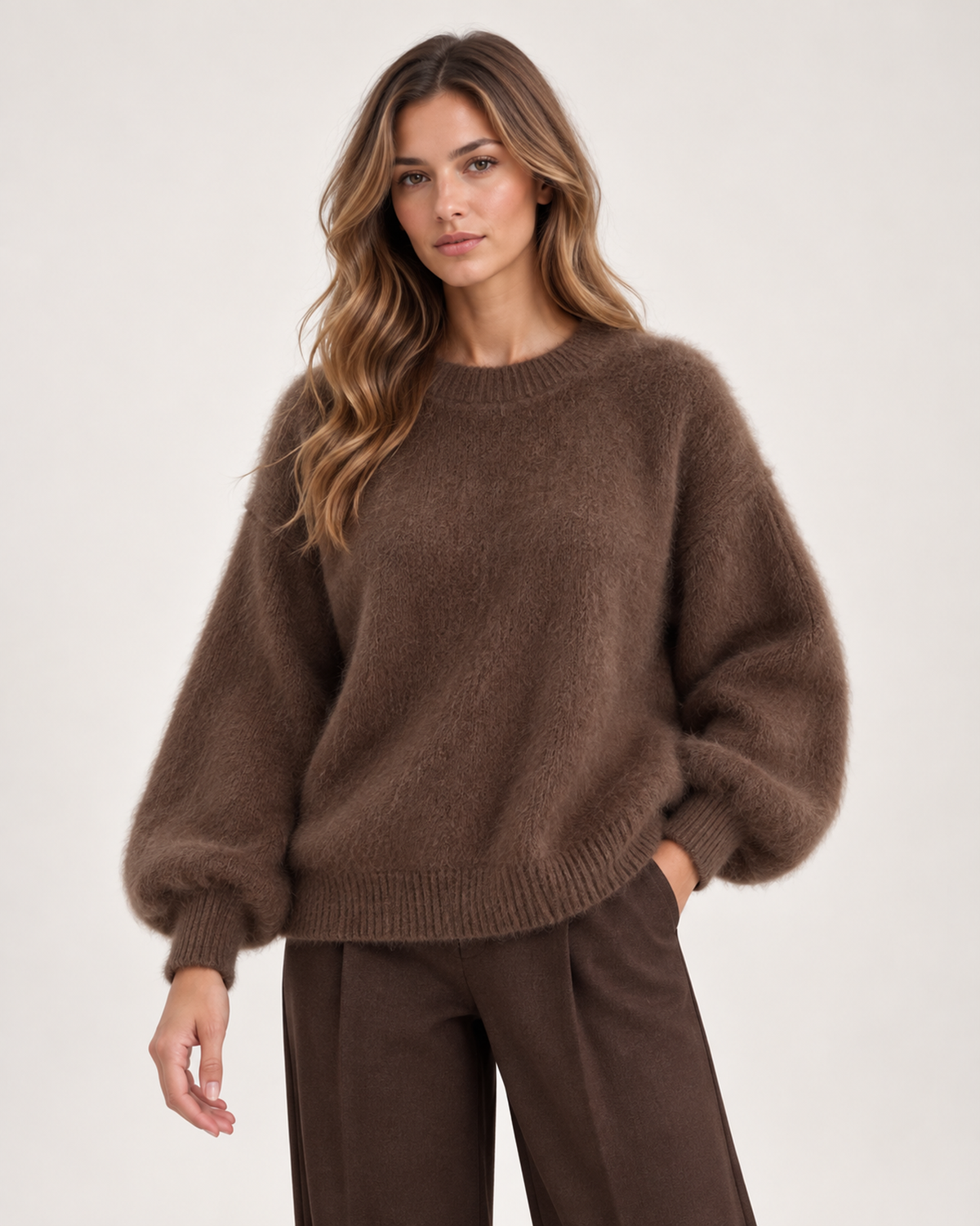 Women’s Fluffy Jumper with Balloon Sleeves in Brown, upper body product focus view
