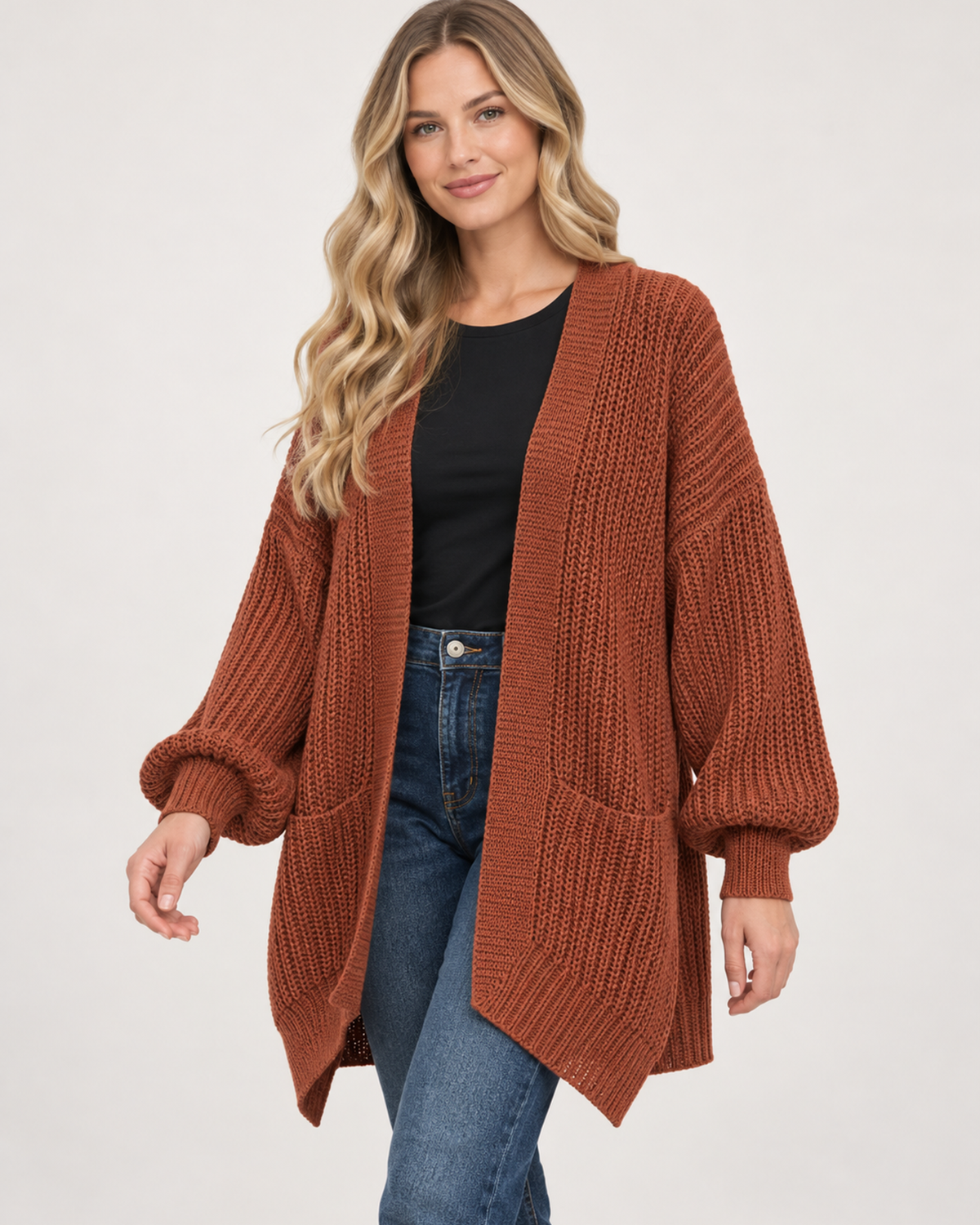 Women’s Balloon Sleeve Cardigan with Chunky Knit in Brown, upper body product focus view