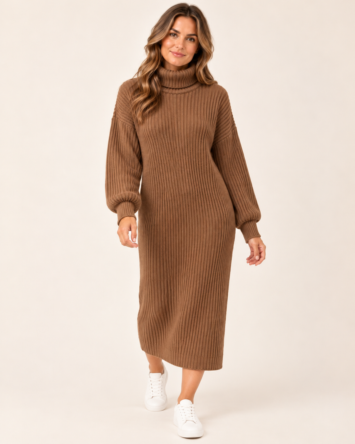 Women’s Jumper Dress with Roll Neck and Ribbed Finish in Caramel, full body view