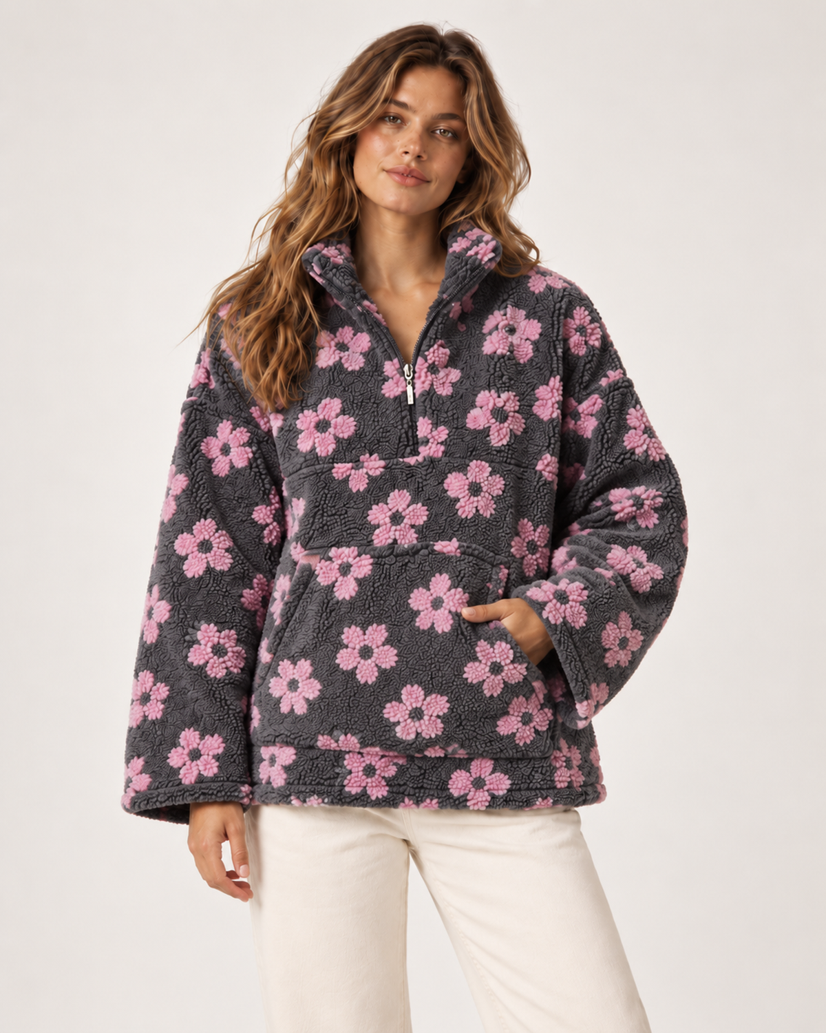 Women’s Borg Jacket with Floral Pattern and Half Zip in Charcoal Pink Floral, short outerwear product focus view