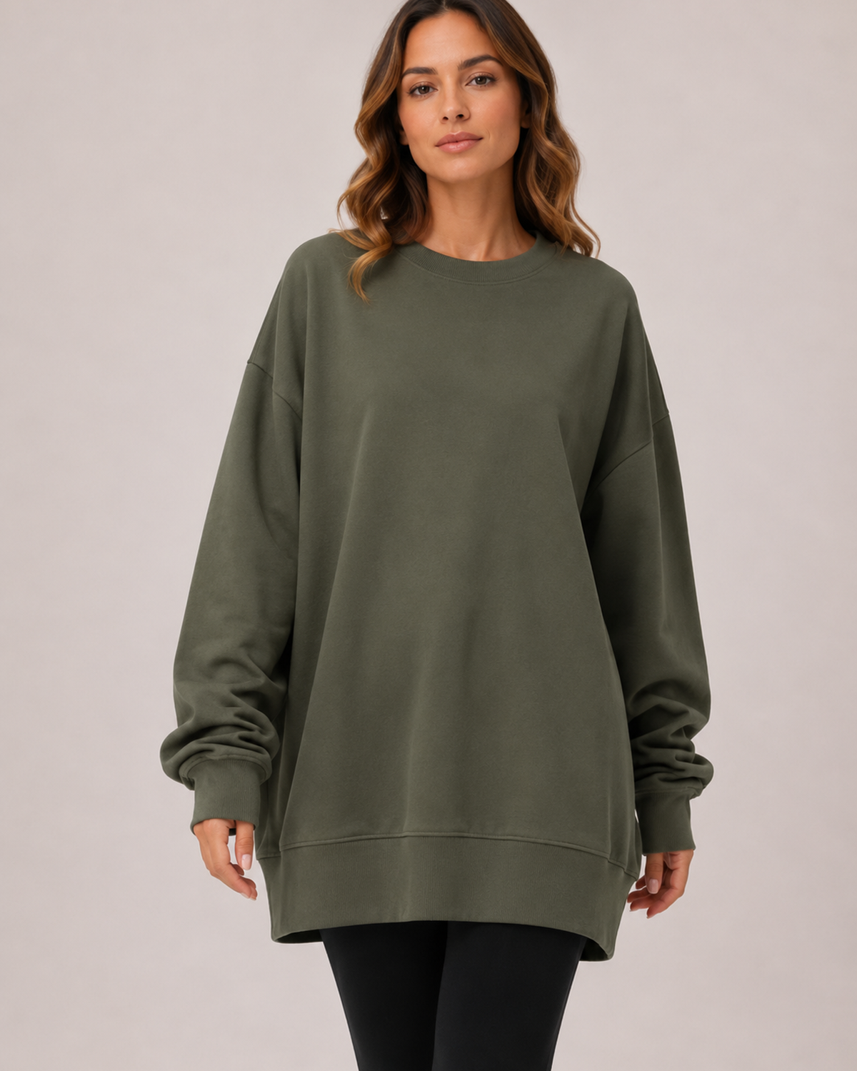 Women’s Oversized Sweatshirt with Crew Neck in Dark Green, three quarter body view