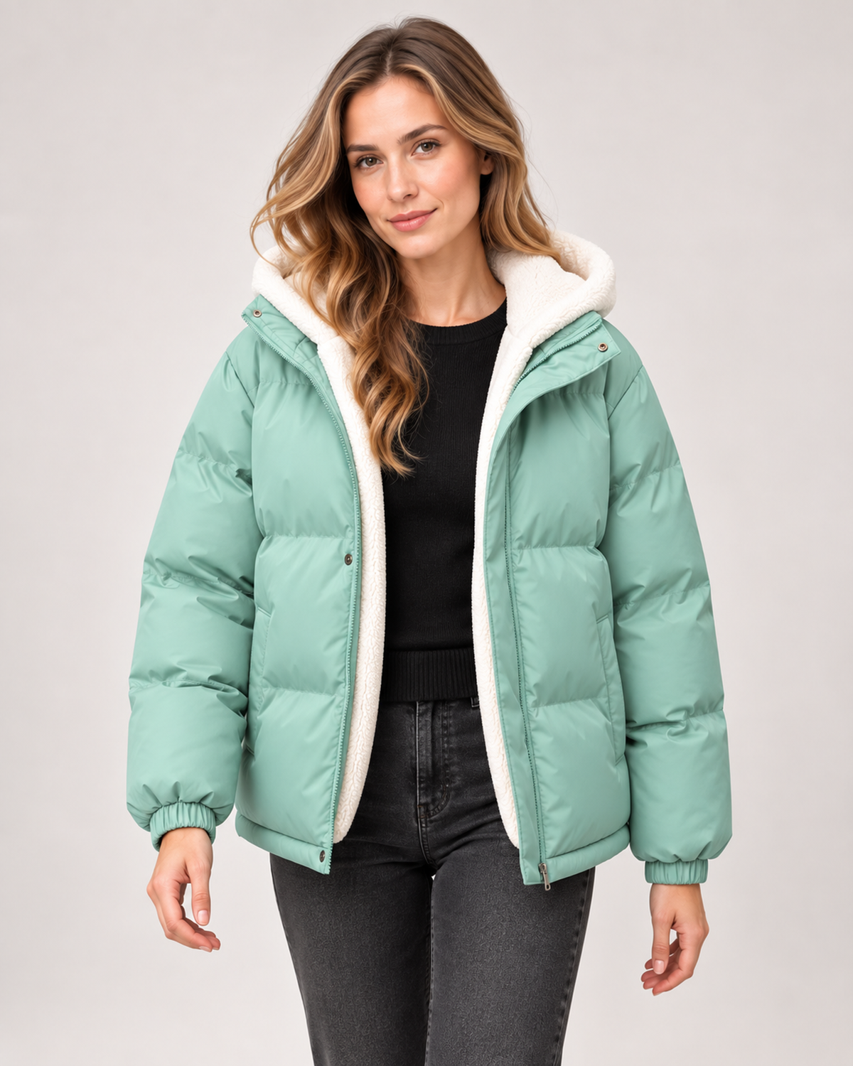 Women’s Puffer Jacket with Hood and Zip Front in Green, short outerwear product focus view