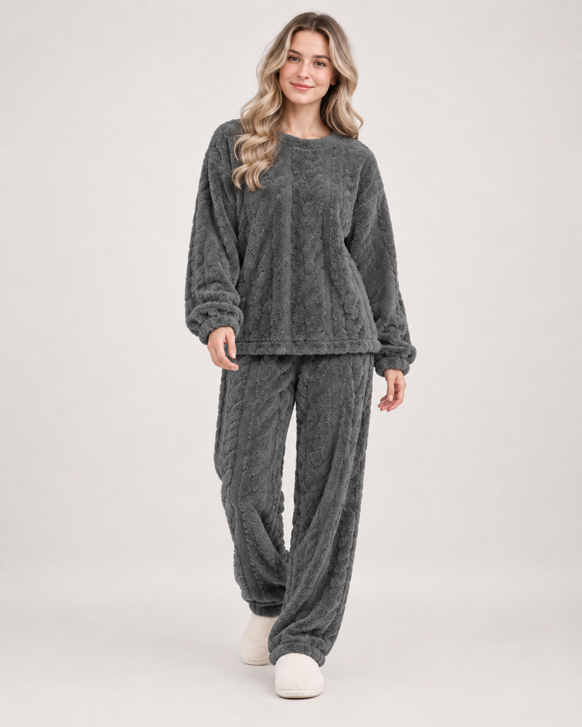 Women’s Pyjamas with Flannel Cable Pattern in Grey, lower body product focus view