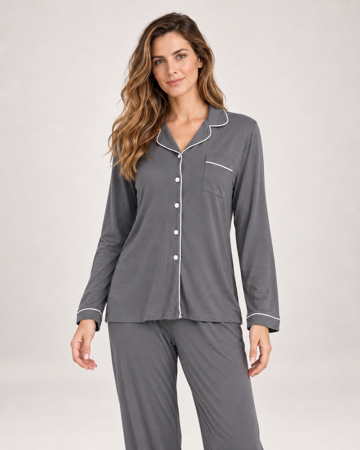 Women’s Pyjama Set in Modal with Contrast Piping in Grey, lower body product focus view