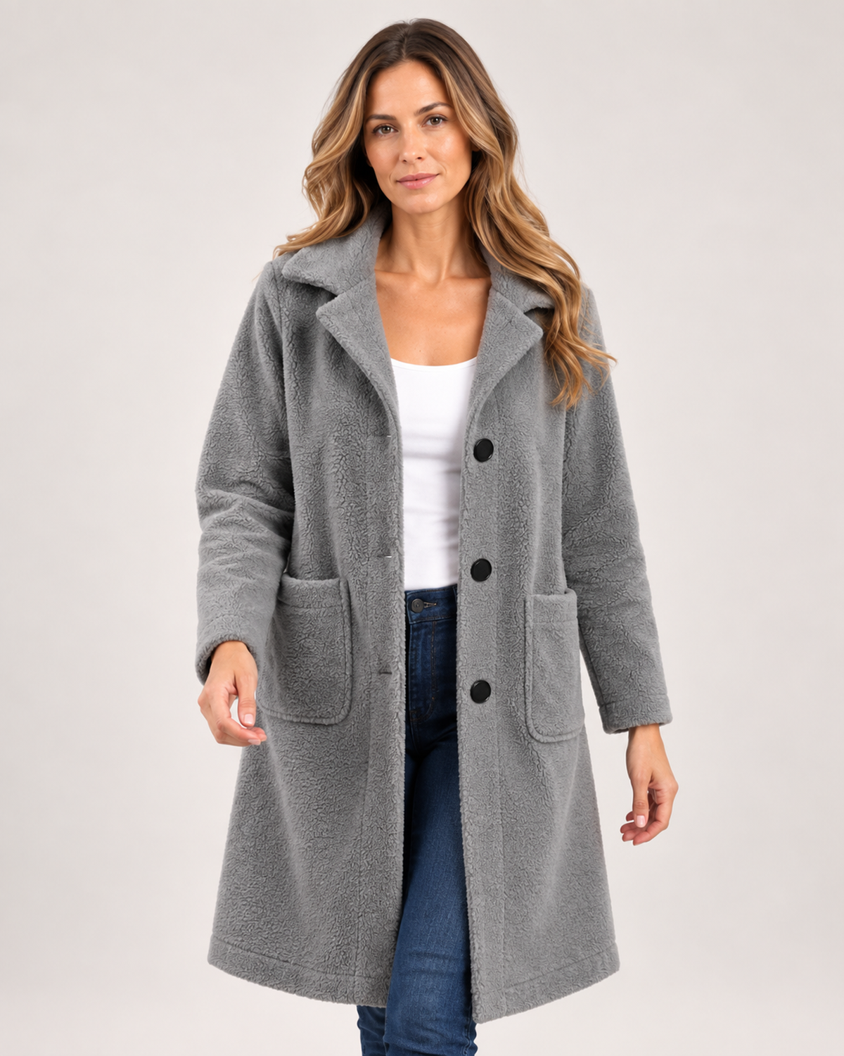 Women’s Longline Cardigan with Button Front and Pockets in Grey, full body view