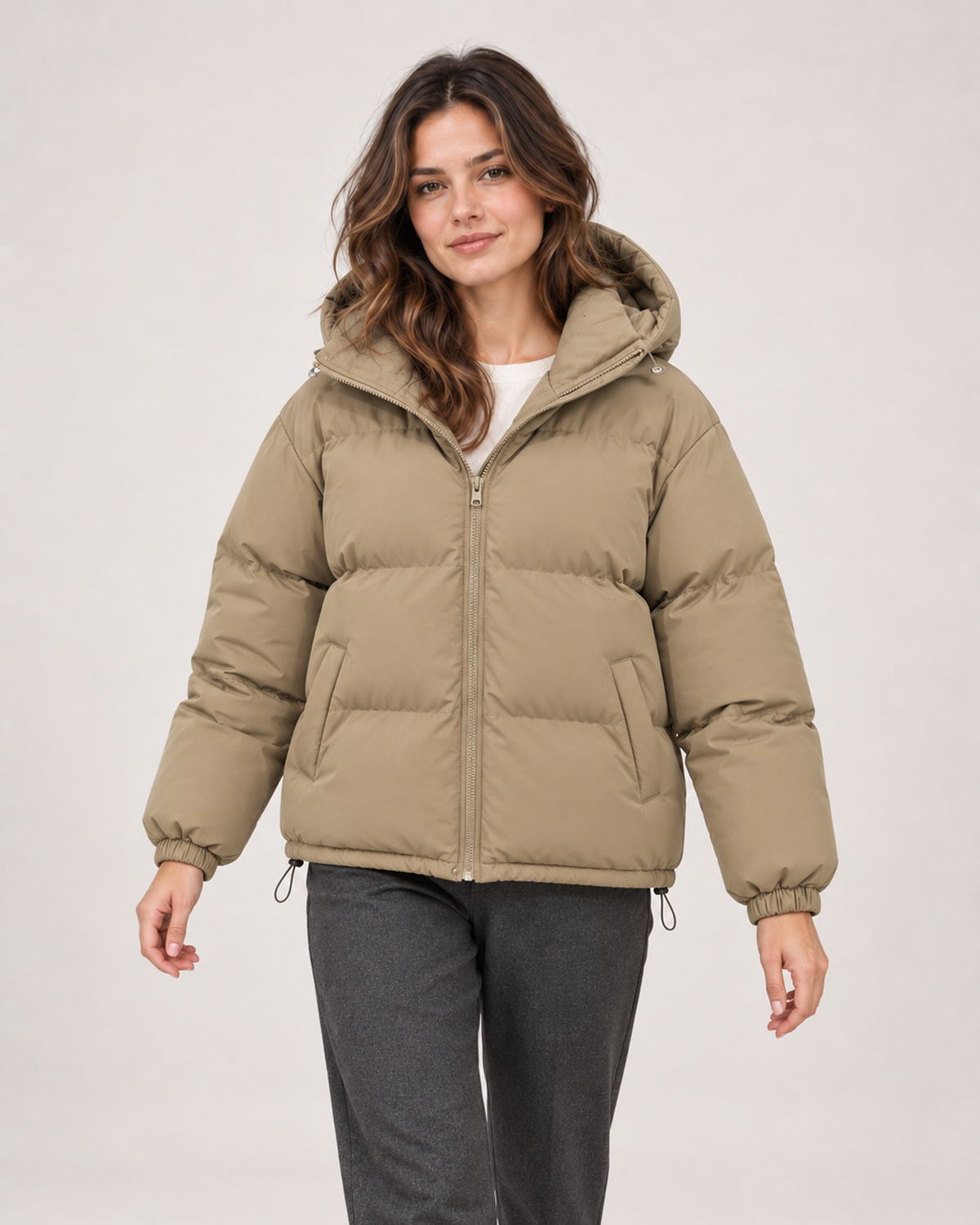 Women’s Puffer Jacket with Hood and Zip Front in Khaki, short outerwear product focus view