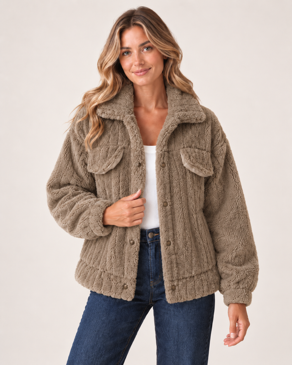 Women’s Borg Jacket with Collar and Chest Pockets in Khaki, short outerwear product focus view