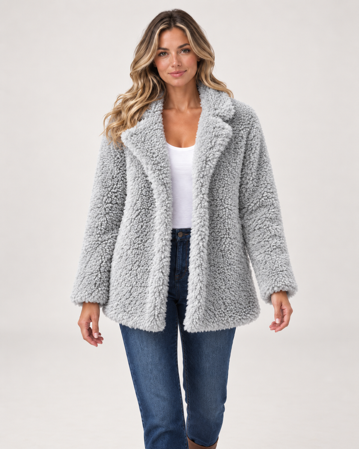 Women’s Teddy Coat with Wide Lapel Collar in Light Grey, short outerwear product focus view