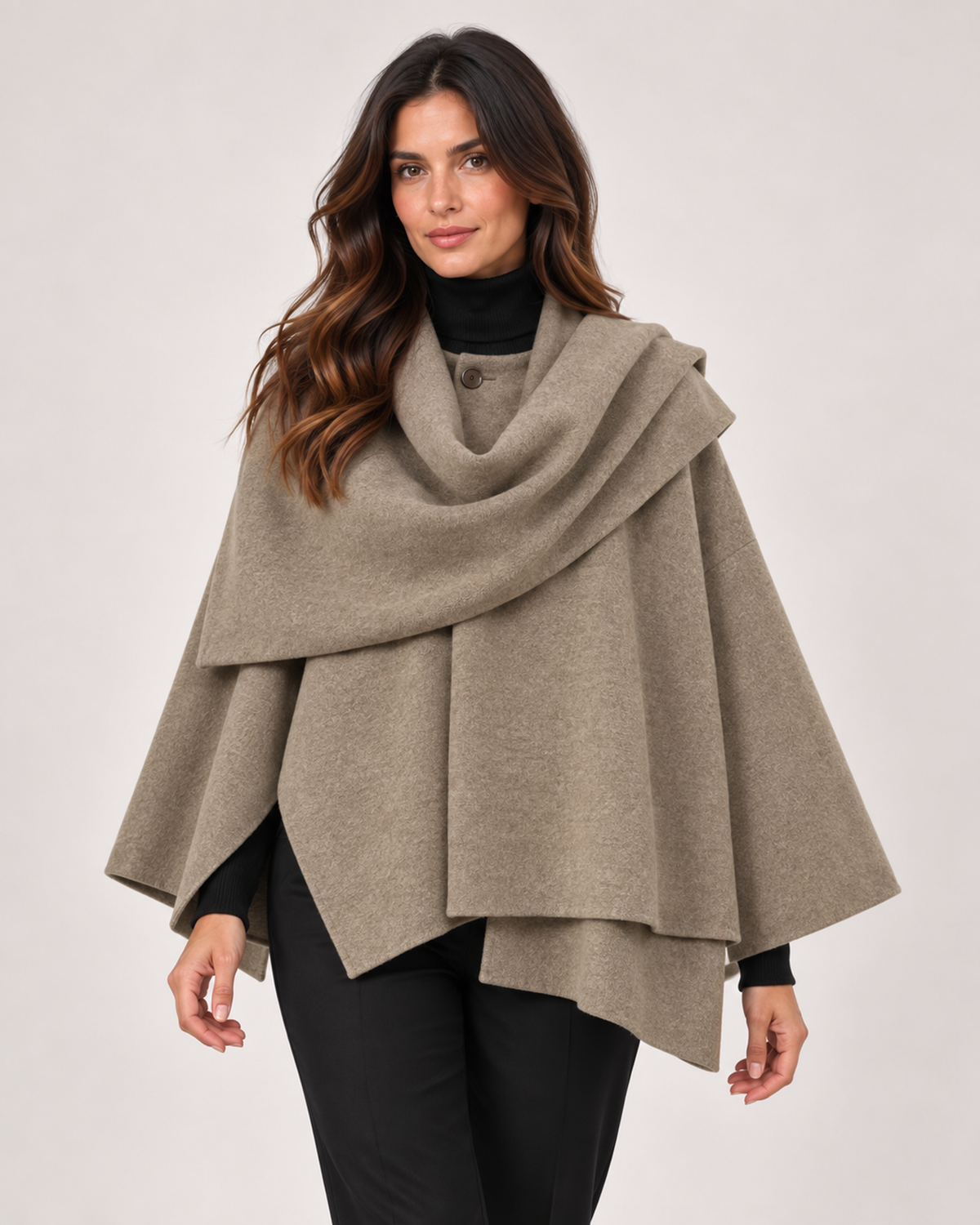 Women’s Cape Coat with Asymmetric Scarf Collar in Light Khaki, lower body product focus view