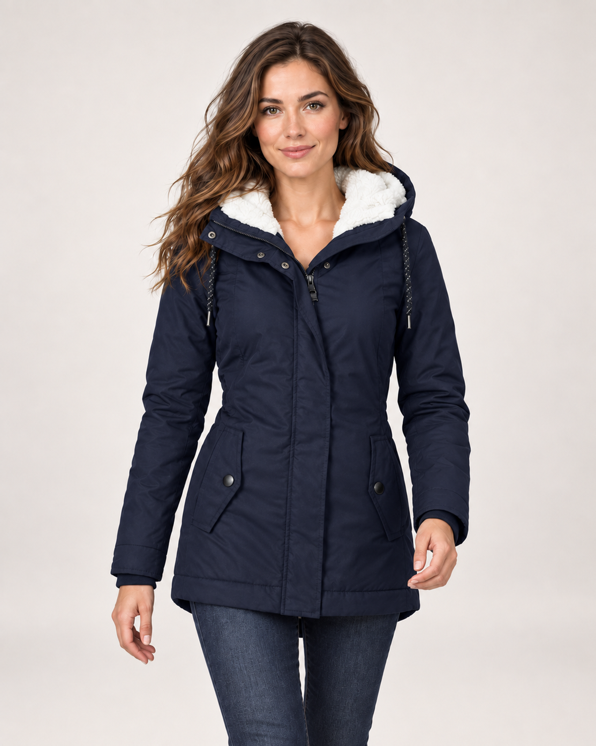 Women’s Fleece Lined Jacket with Hood and Zip Front in Navy Blue, short outerwear product focus view