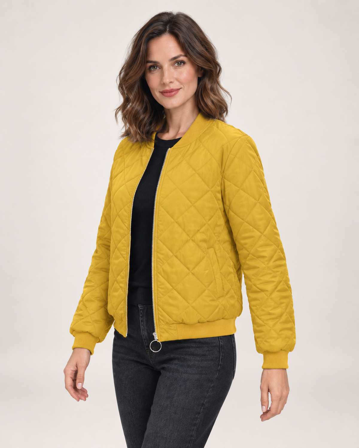 Women’s Quilted Jacket with Stand Collar in Orange, short outerwear product focus view