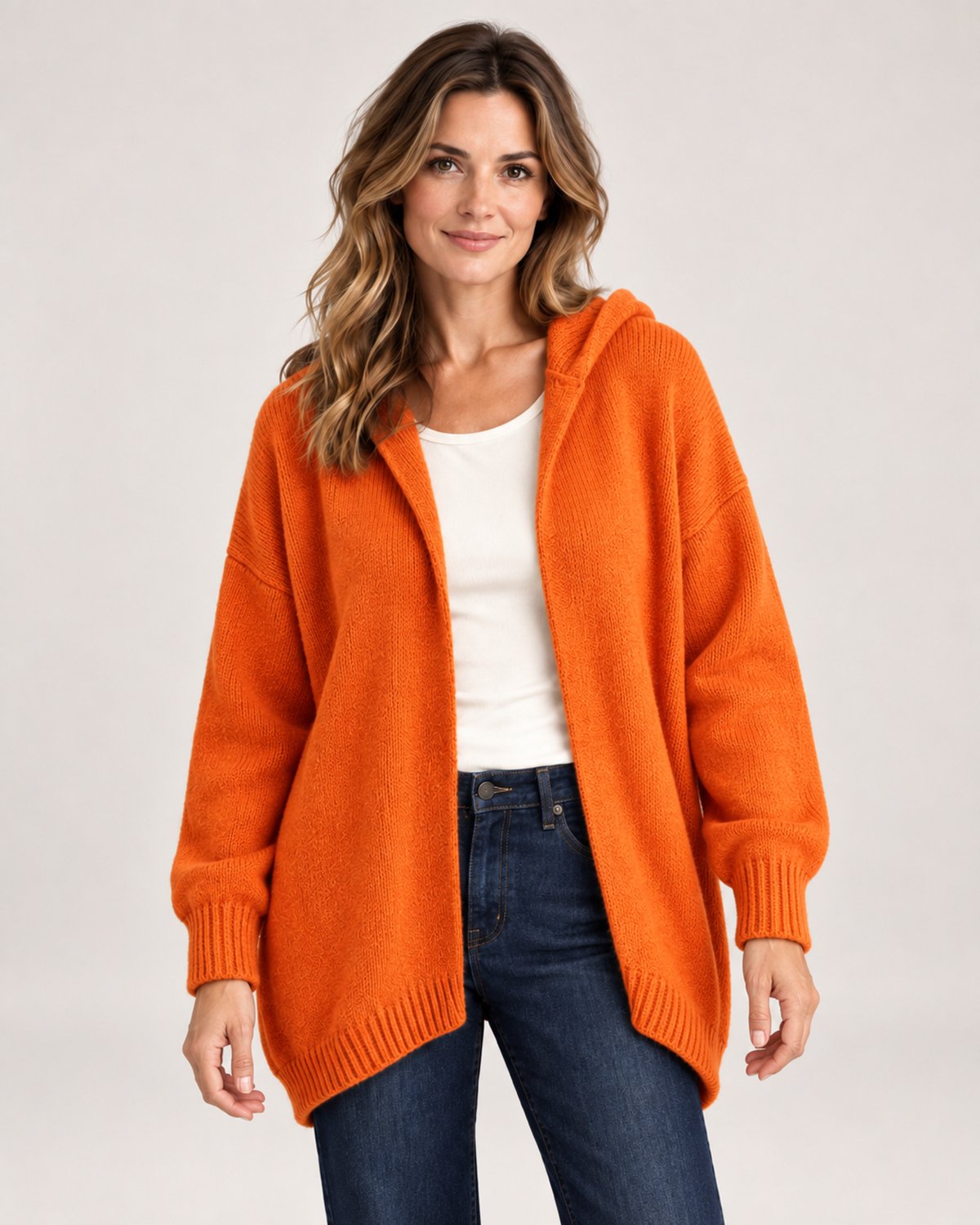 Women’s Hooded Cardigan with Knitted Finish in Orange, upper body product focus view