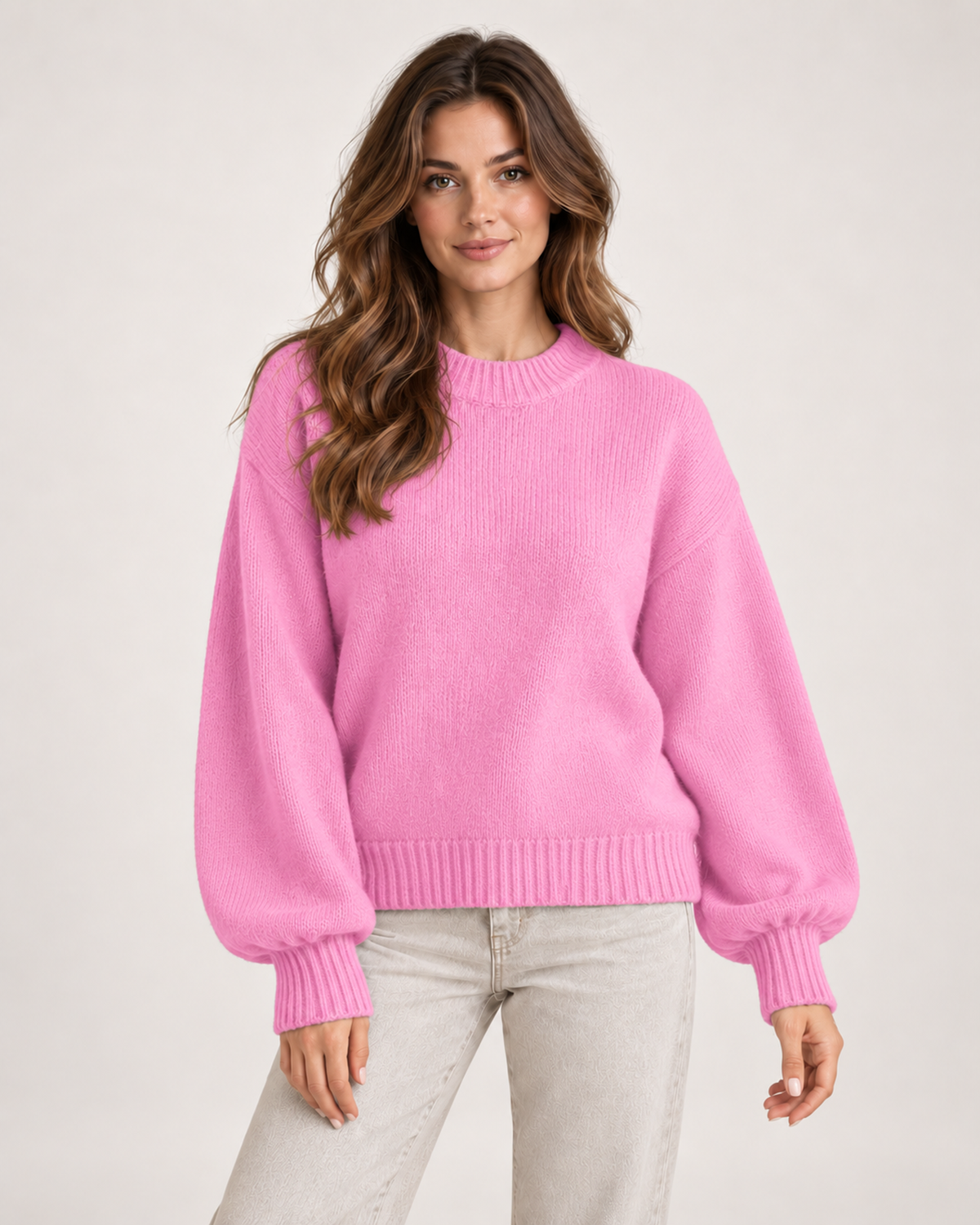 Women’s Crew Neck Jumper with Balloon Sleeves in Pink, upper body product focus view
