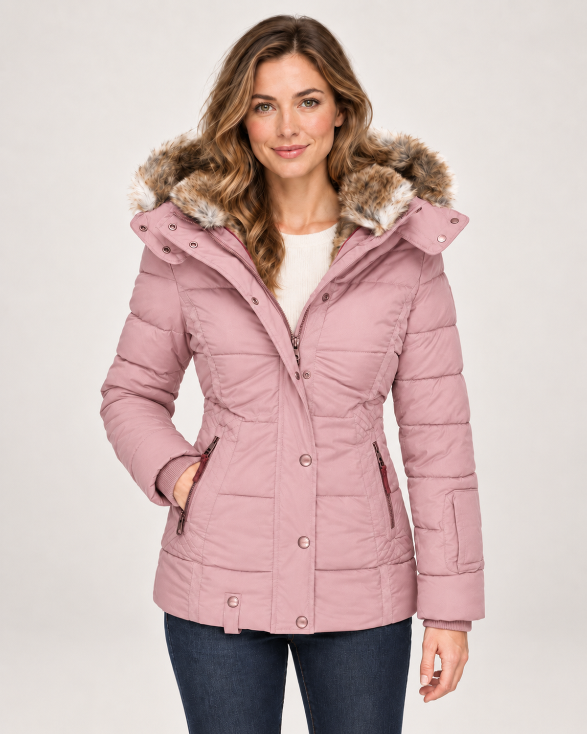 Women’s Puffer Jacket with Faux Fur Hood in Pink, short outerwear product focus view
