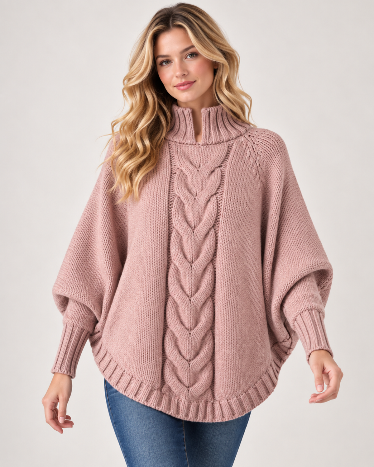 Women’s Cable Knit Jumper with High Neck and Batwing Sleeves in Pink, upper body product focus view
