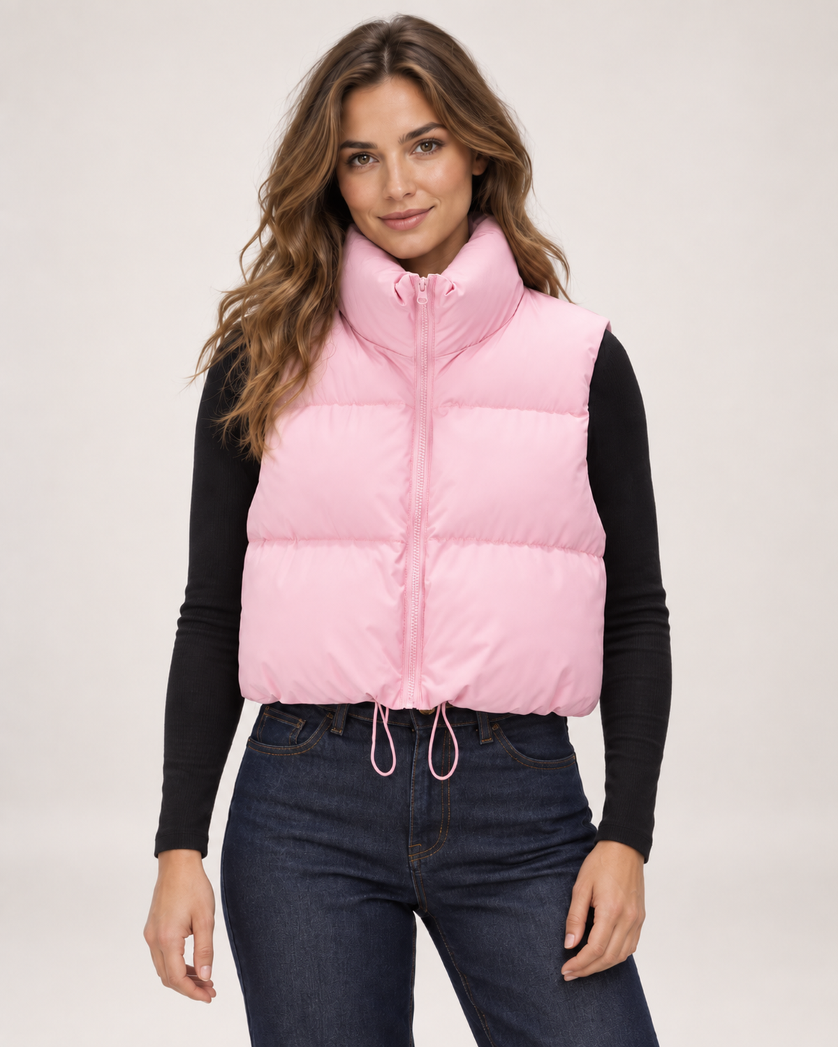 Women’s Puffer Gilet with Cropped Shape and Stand Collar in Pink, short outerwear product focus view