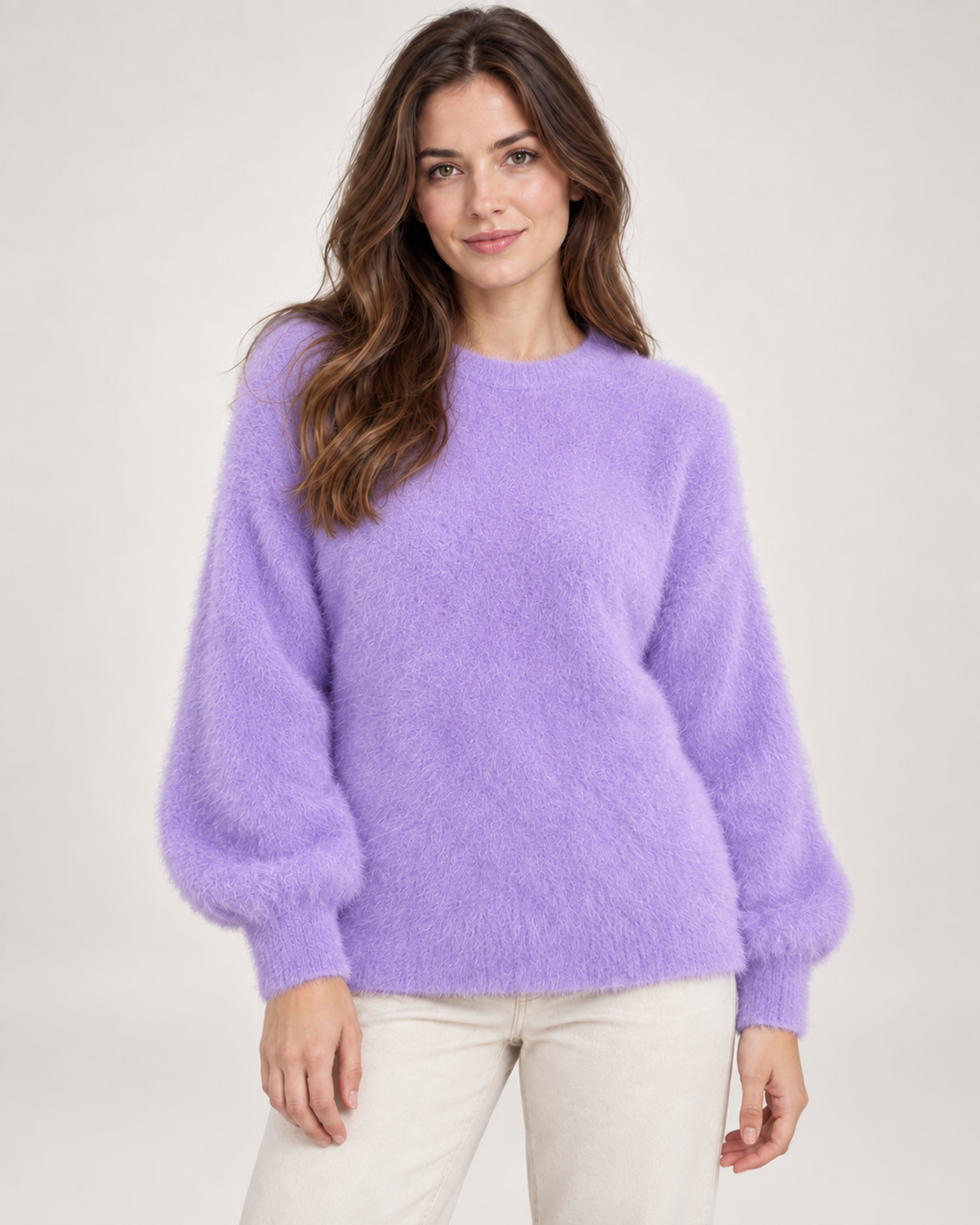 Women’s Fluffy Jumper with Crew Neck in Purple, upper body product focus view