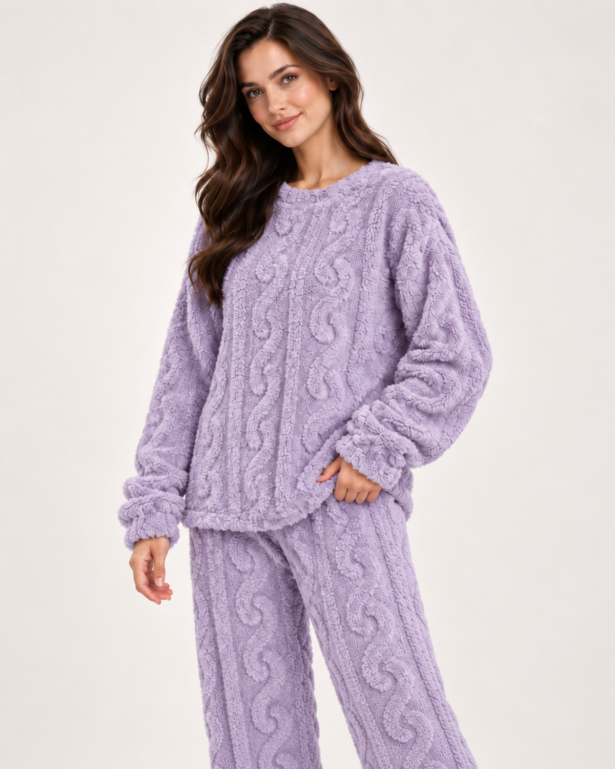 Women’s Fleece Pyjamas with Cable Pattern in Purple, lower body product focus view