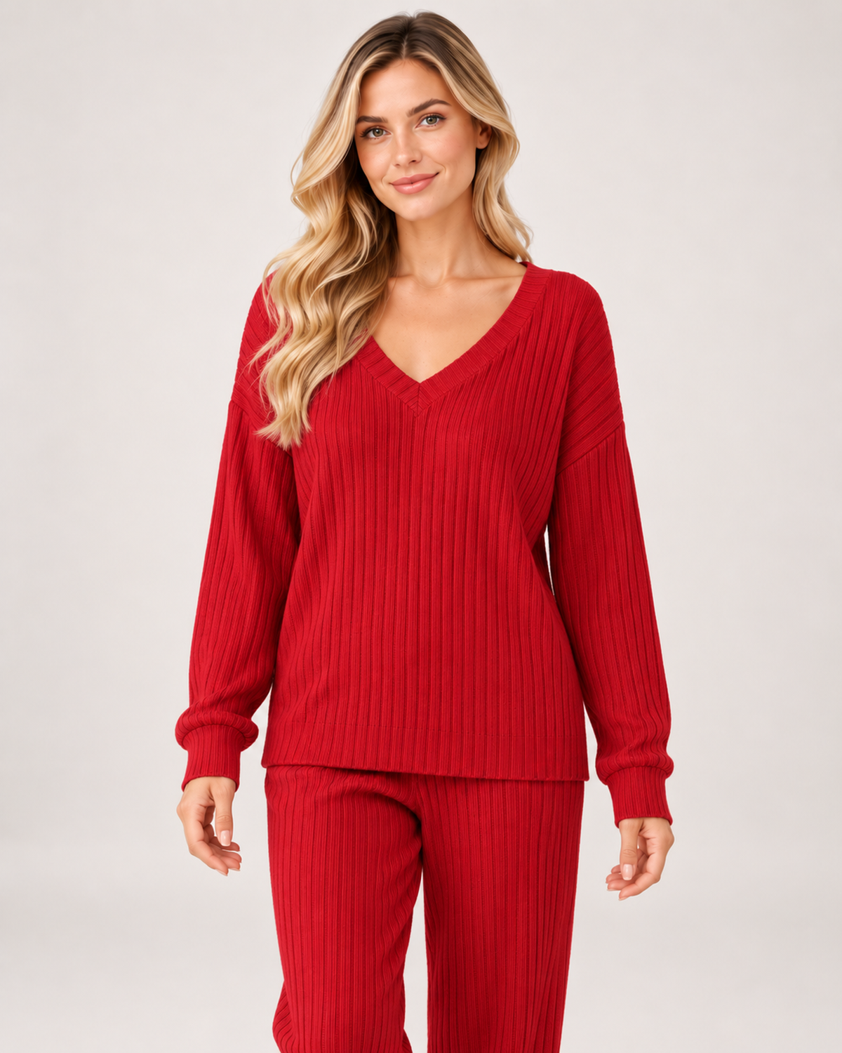 Women’s Loungewear Set with Ribbed Finish and V Neck in Red, lower body product focus view