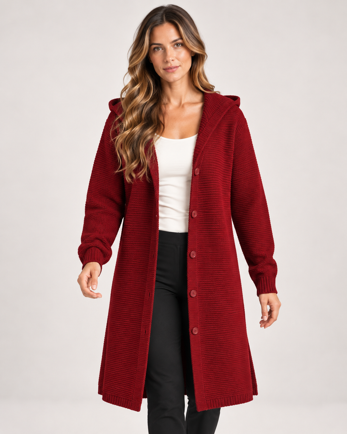 Women’s Longline Cardigan with Hood and Button Front in Red, upper body product focus view