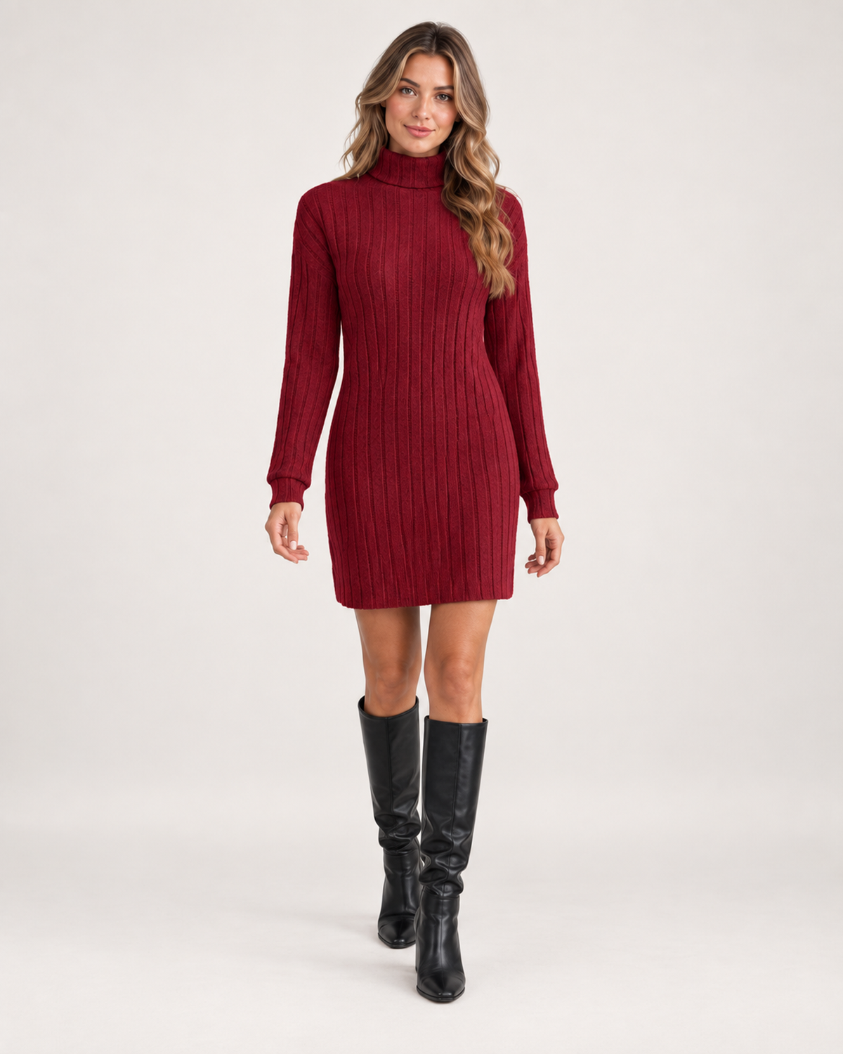 Women’s Jumper Dress with Ribbed Finish and Roll Neck in Red, full body view