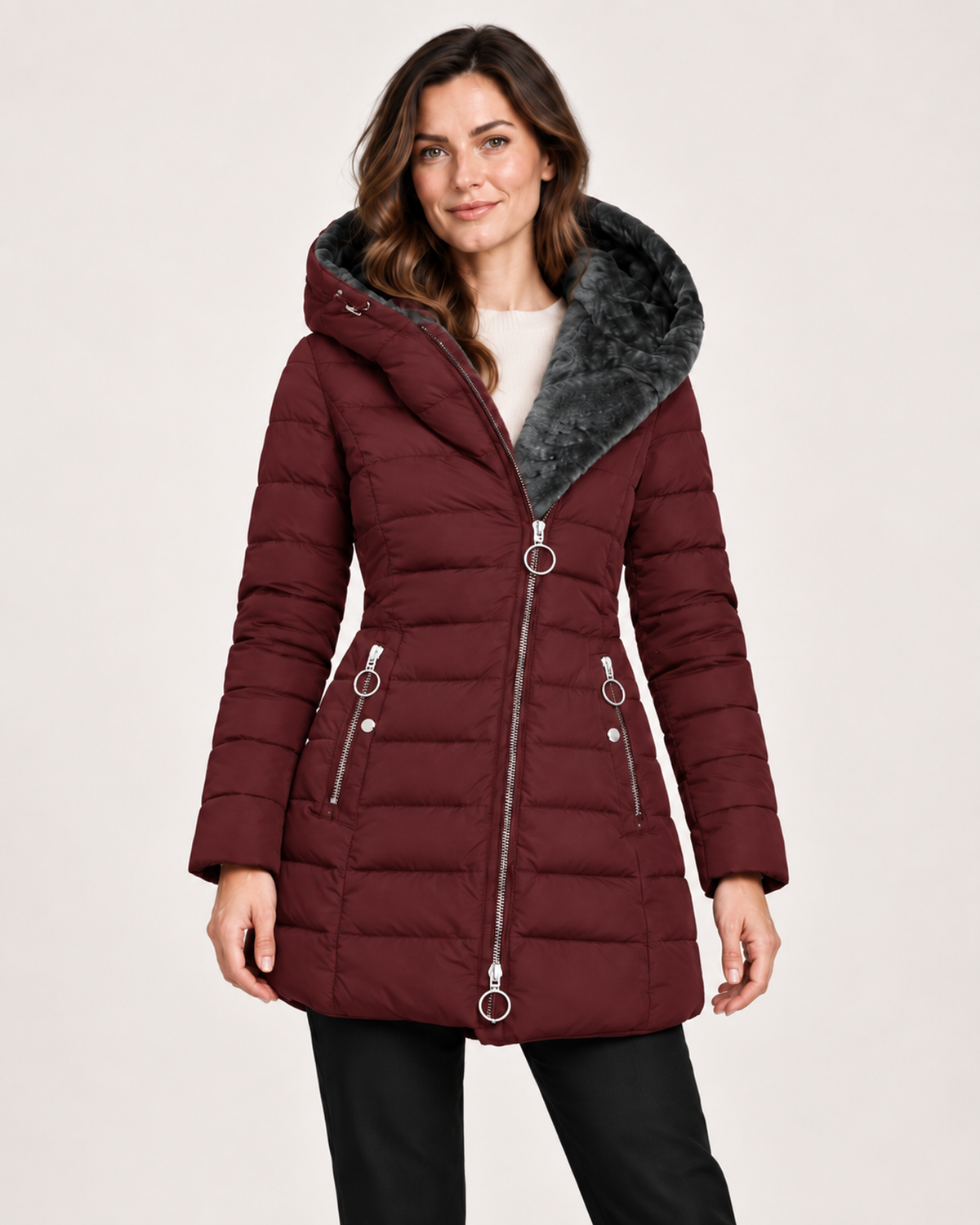 Women’s Long Puffer Jacket with Hood and Asymmetric Zip in Red, short outerwear product focus view