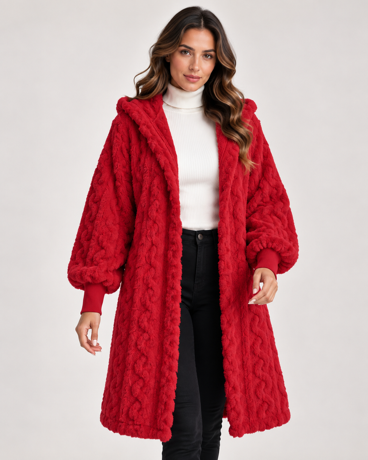 Women’s Longline Cardigan with Hood and Cable Texture in Red, full body view