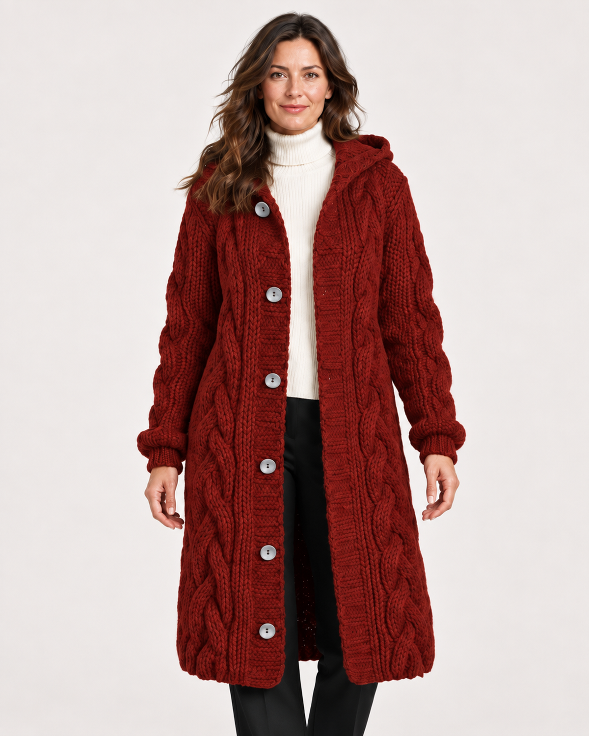 Women’s Longline Cardigan with Cable Knit and Hood in Red, full body view