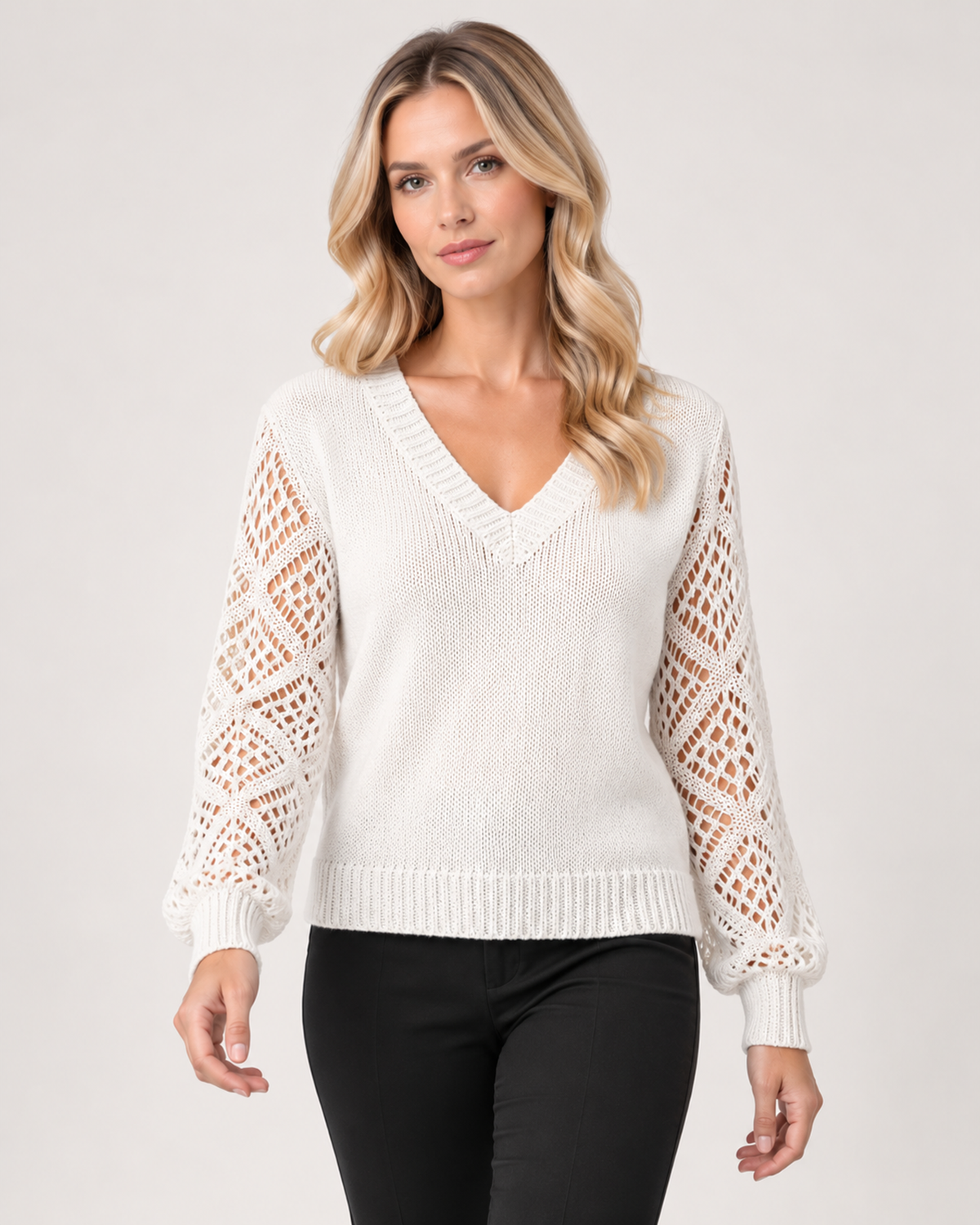 Women’s V Neck Jumper with Openwork Sleeves in White, upper body product focus view