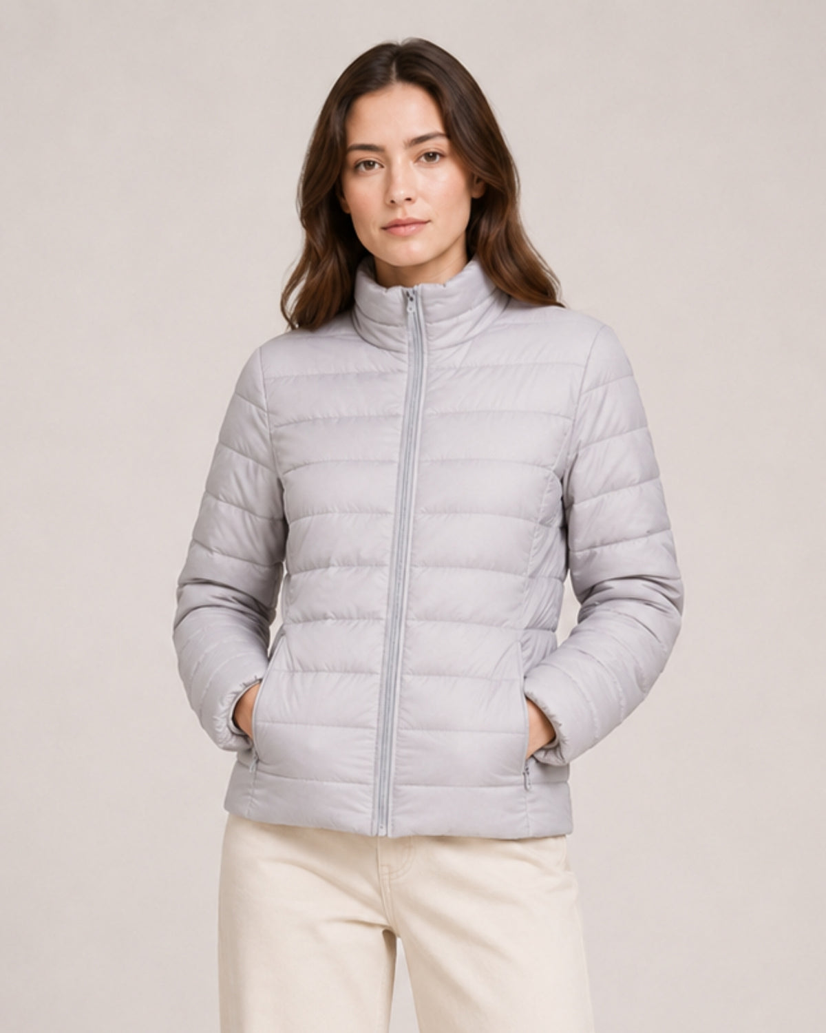 Women's Quilted Puffer Jacket with Stand Collar and Fitted Shape