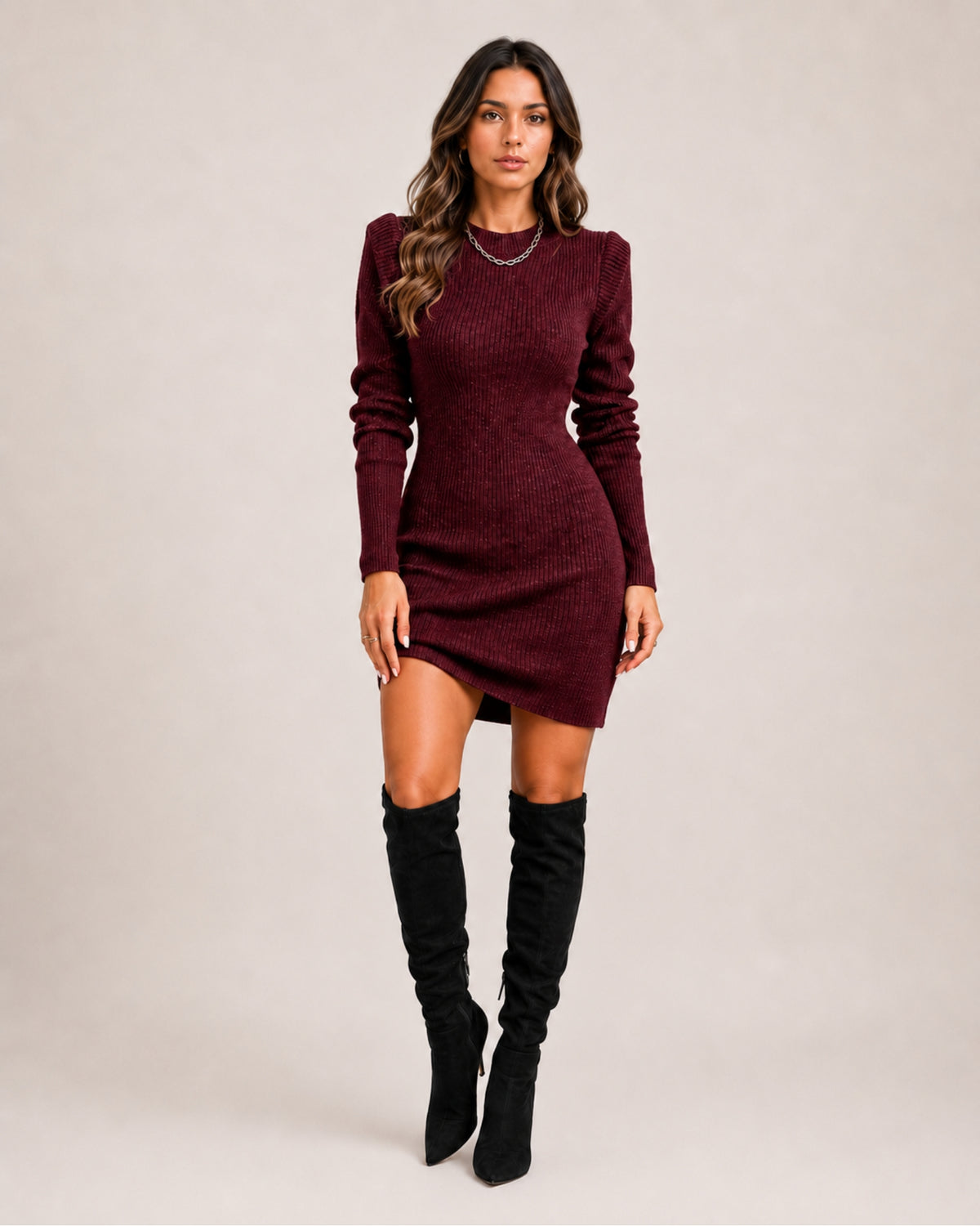 Women's Ribbed Knitted Midi Jumper Dress – Fitted Long Sleeve Dress