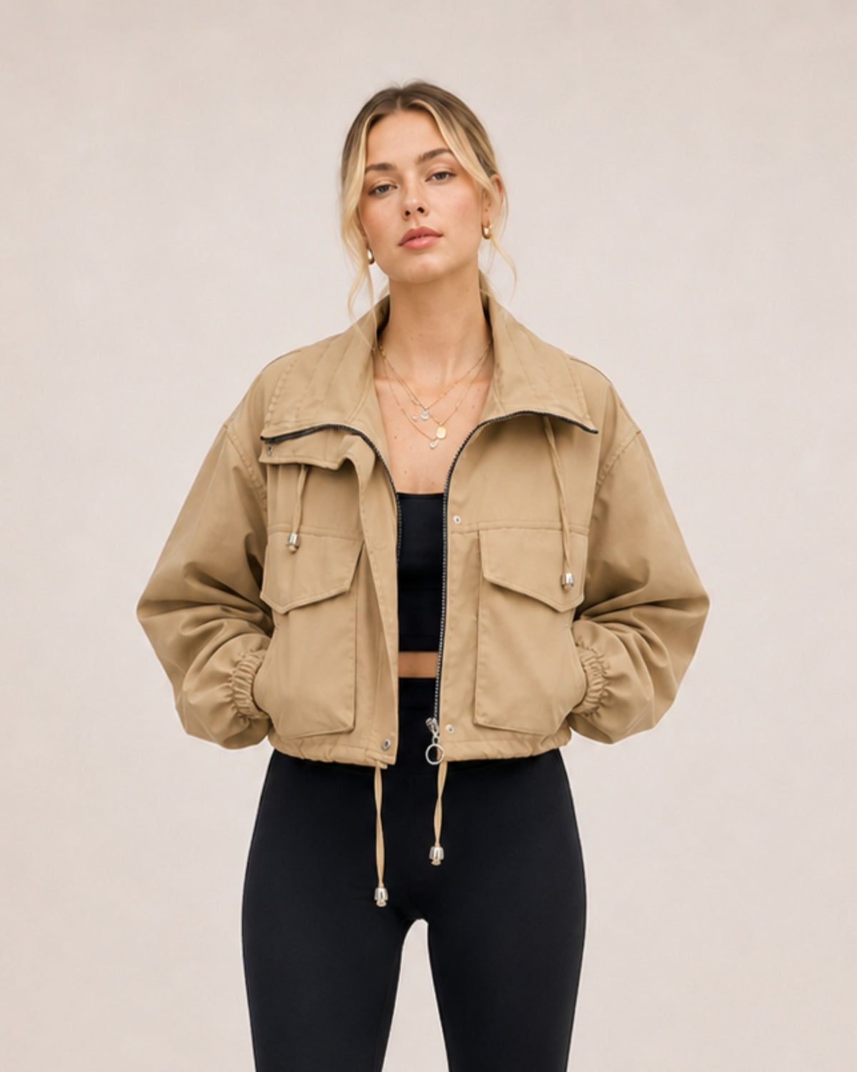 Women's Cropped Utility Jacket with Stand Collar and Chest Pockets