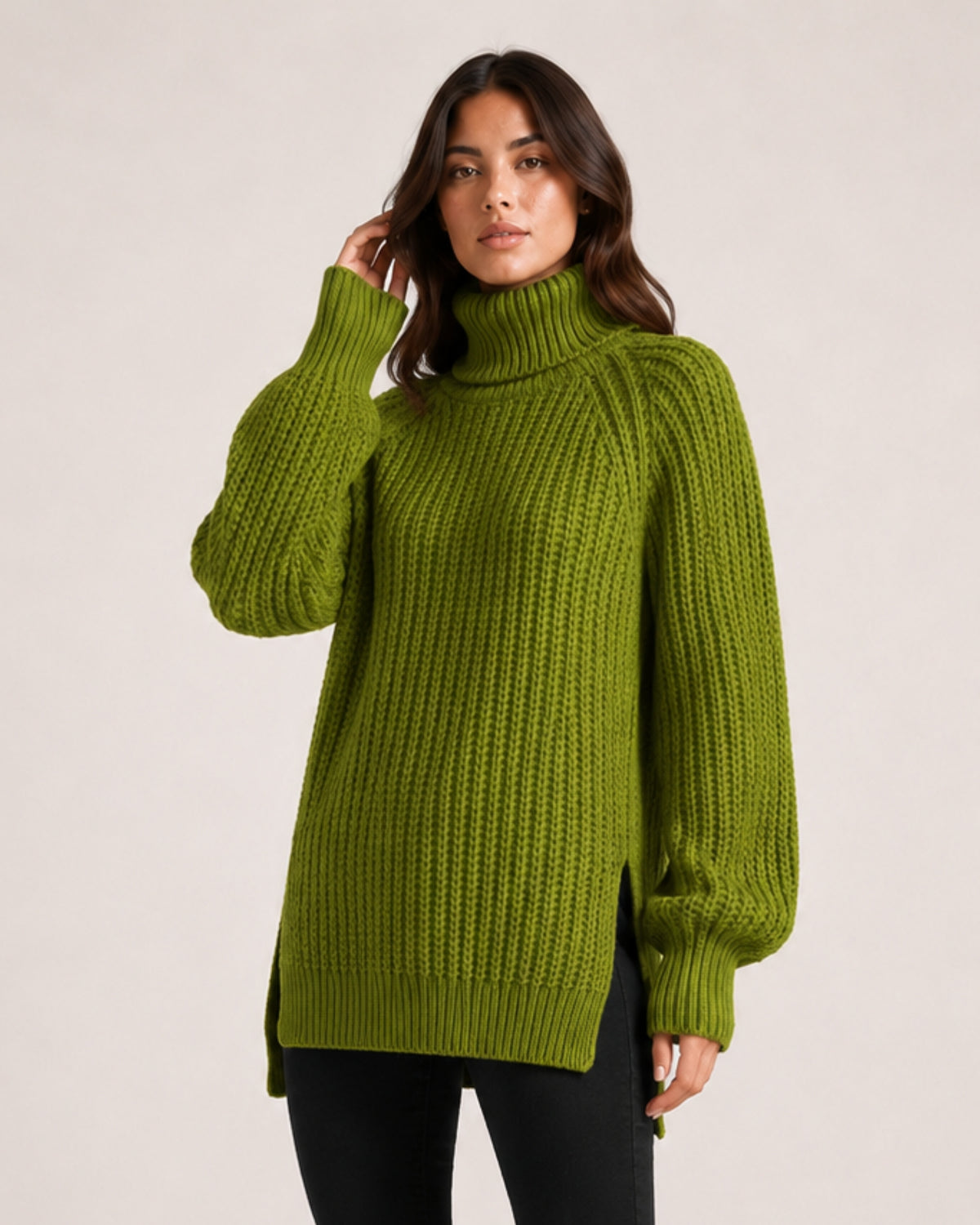 Women's Chunky Knit Roll Neck Jumper with Side Splits