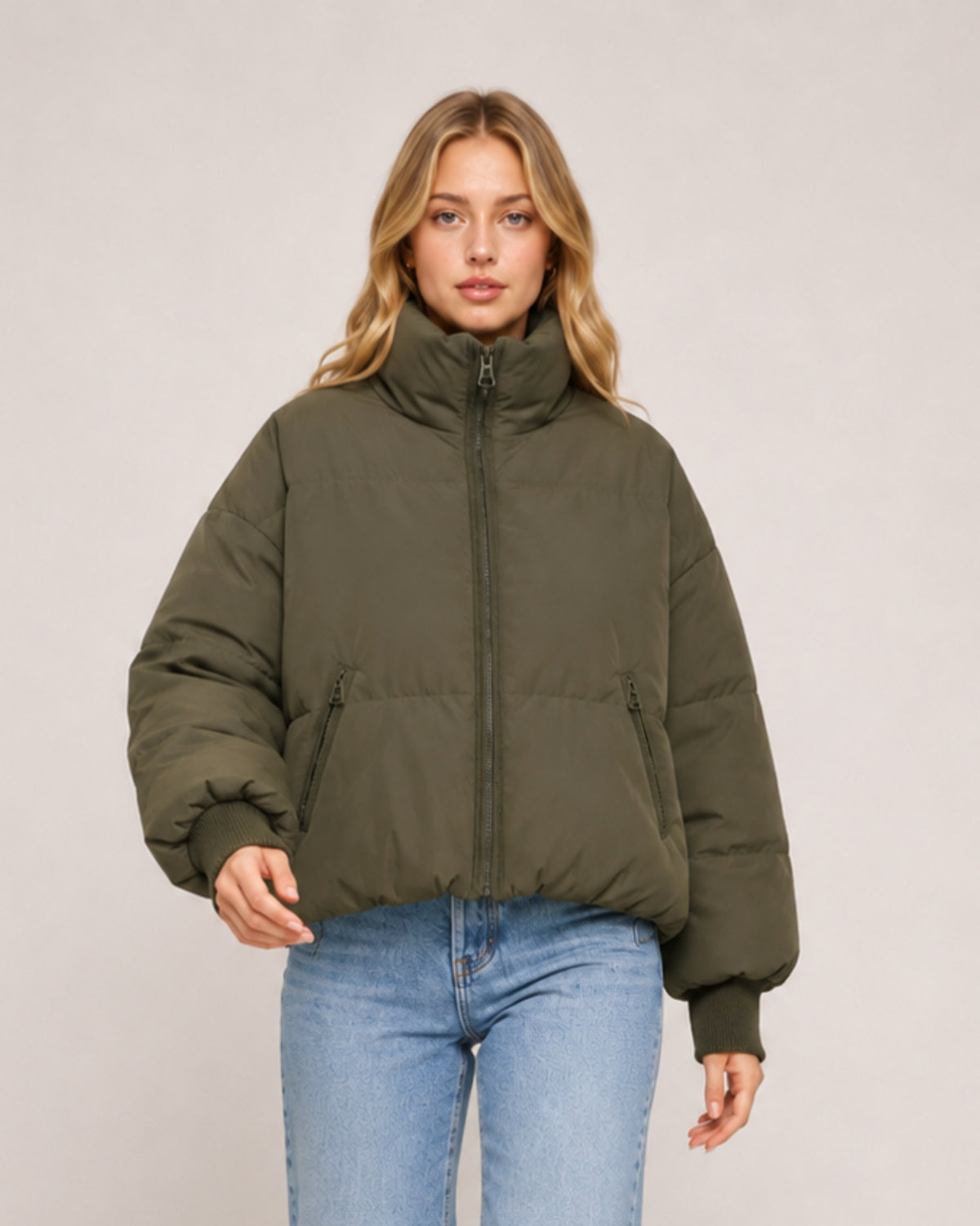Women's Cropped Puffer Jacket with High Neck and Ribbed Cuffs